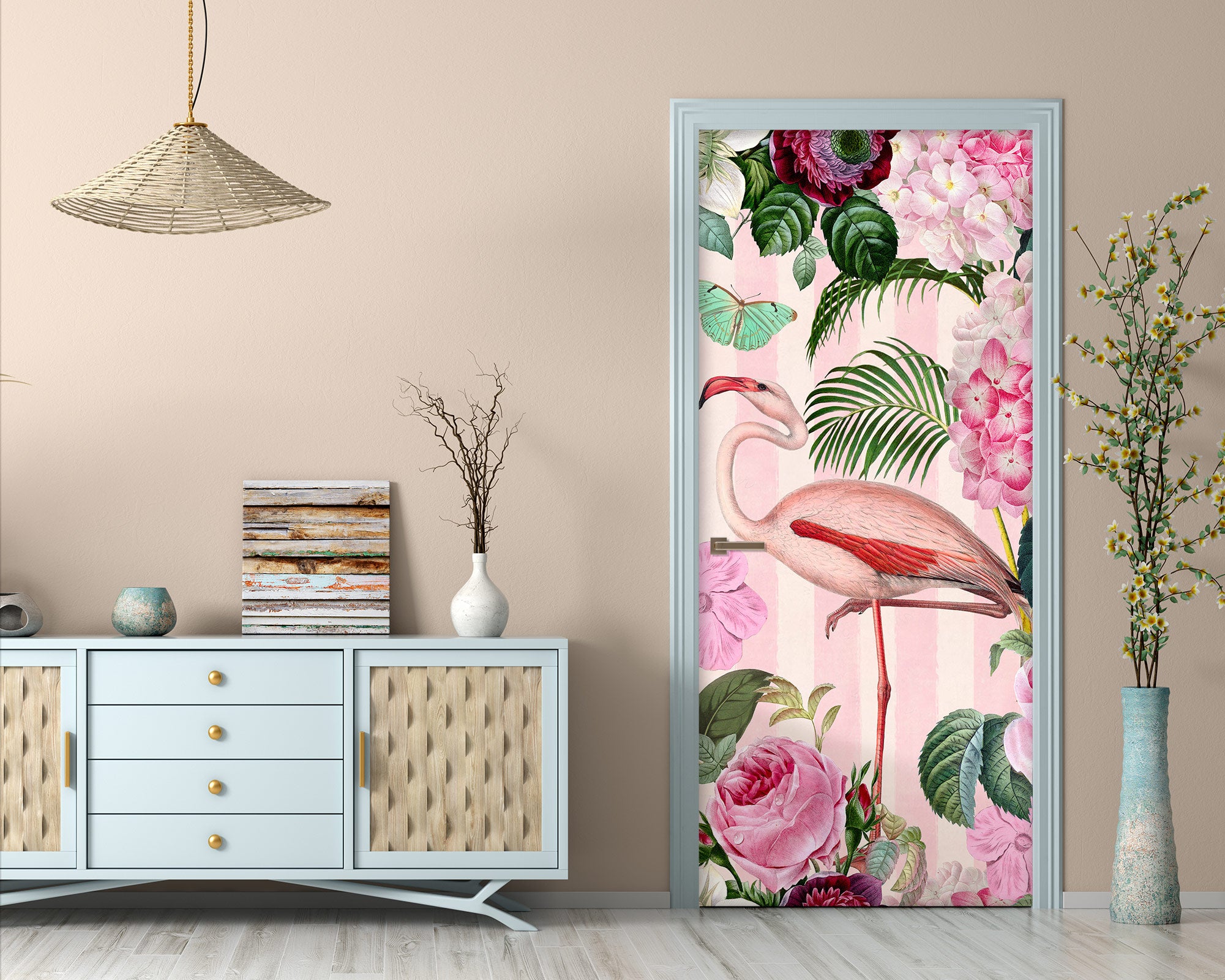 3D Pink Flamingo Flower Bush 118127 Andrea Haase Door Mural