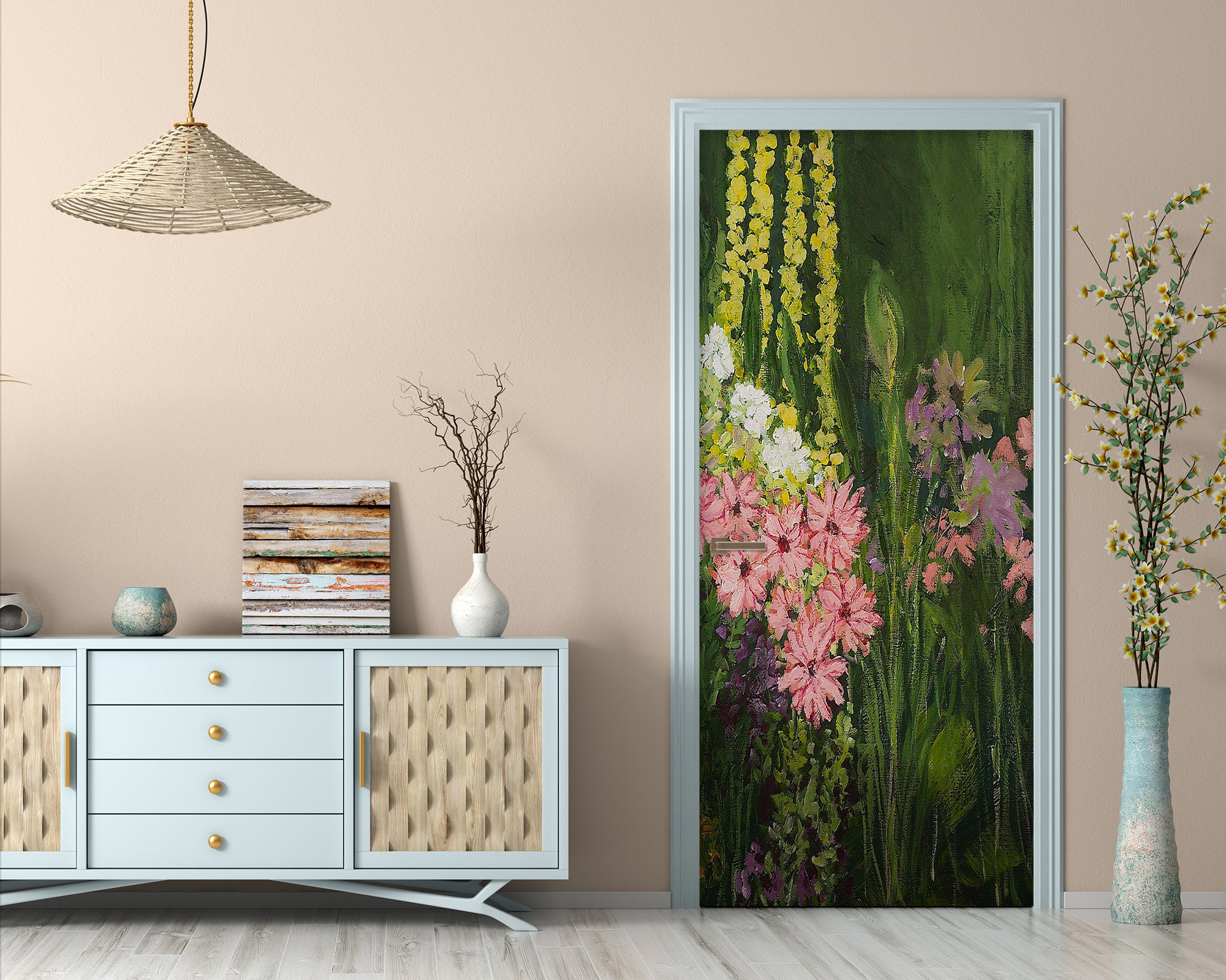 3D Pink Flowers Yellow Vine 9363 Allan P. Friedlander Door Mural