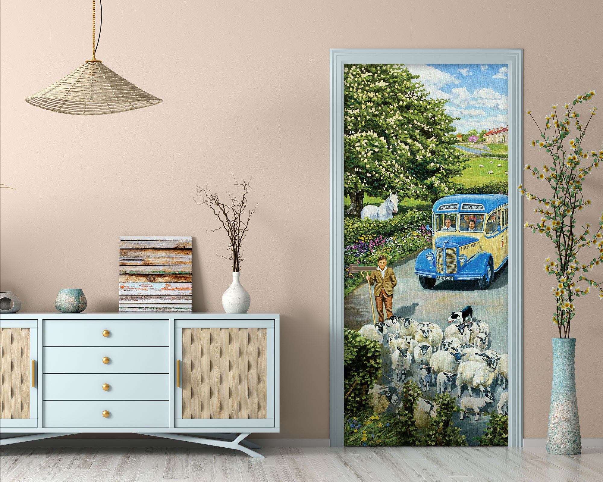 3D Sheep Flock Blue Car 103151 Trevor Mitchell Door Mural