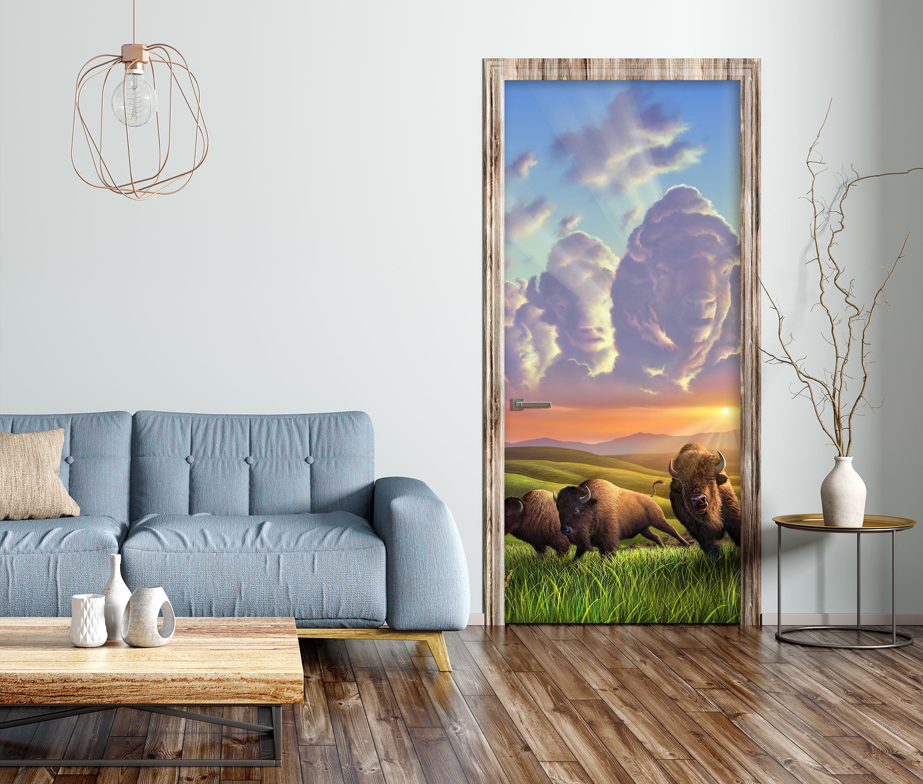 3D Clouds Meadow Yak 112155 Jerry LoFaro Door Mural