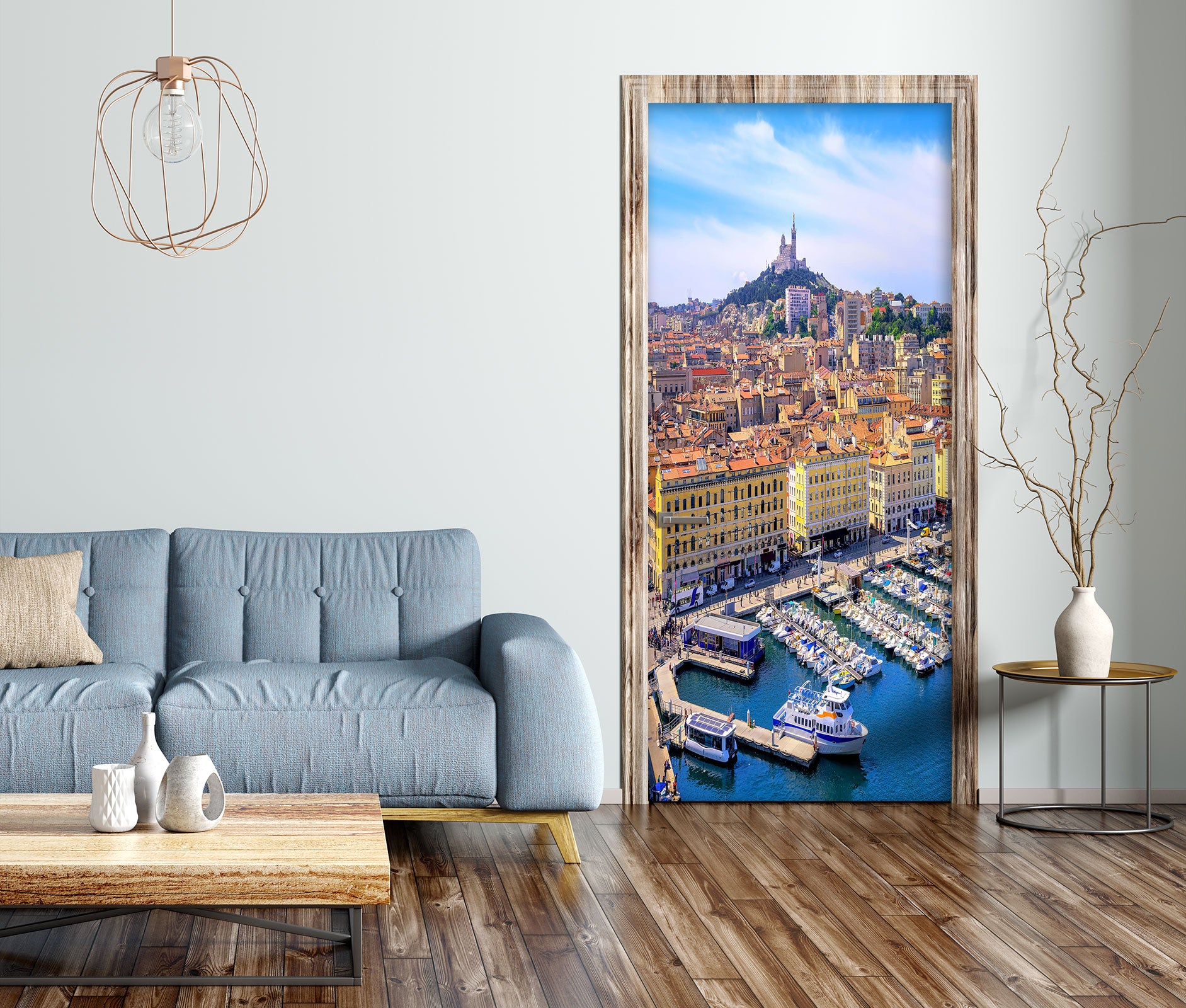 3D City Boat River 071 Door Mural