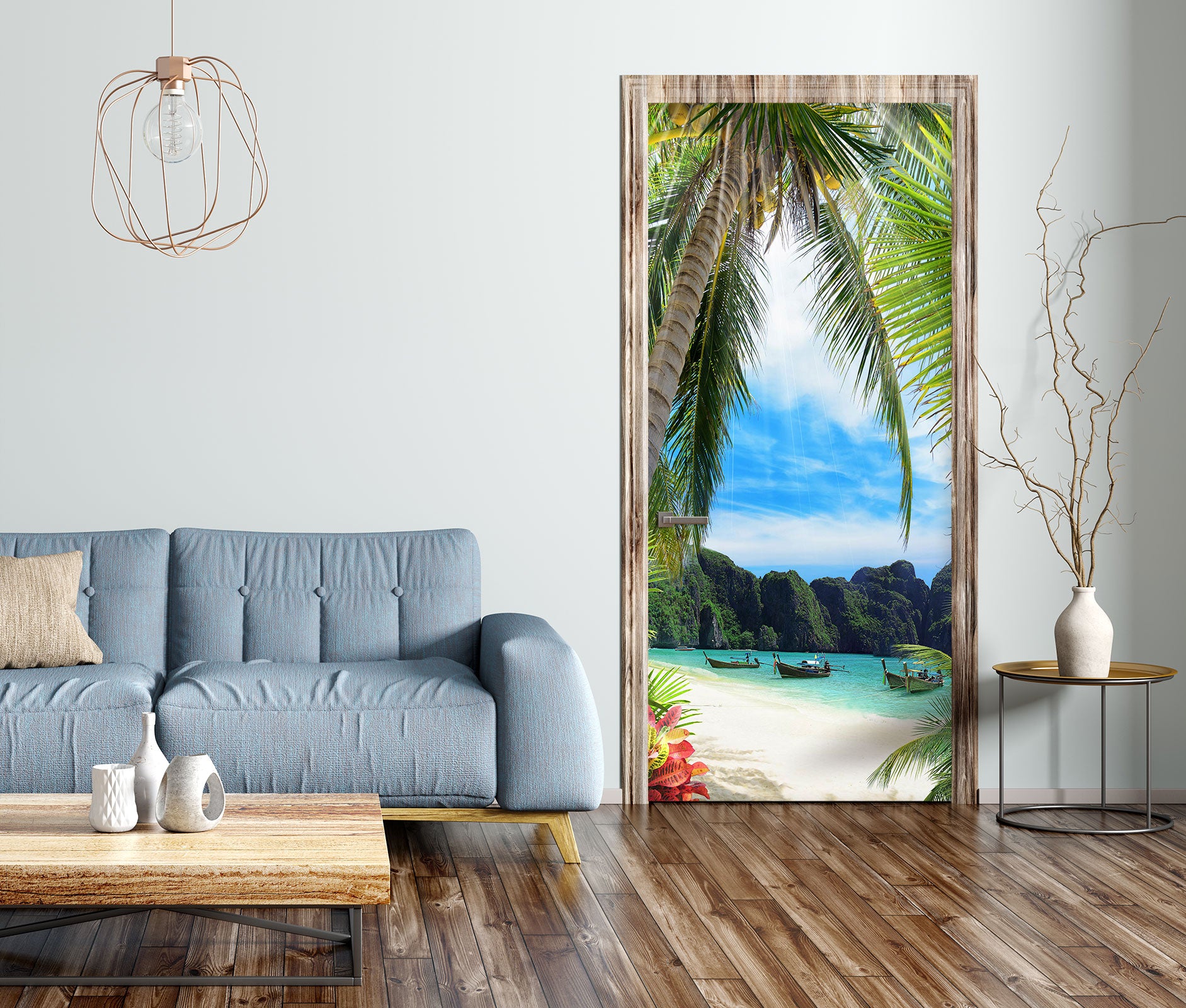 3D Beach Boat Tree 238 Door Mural