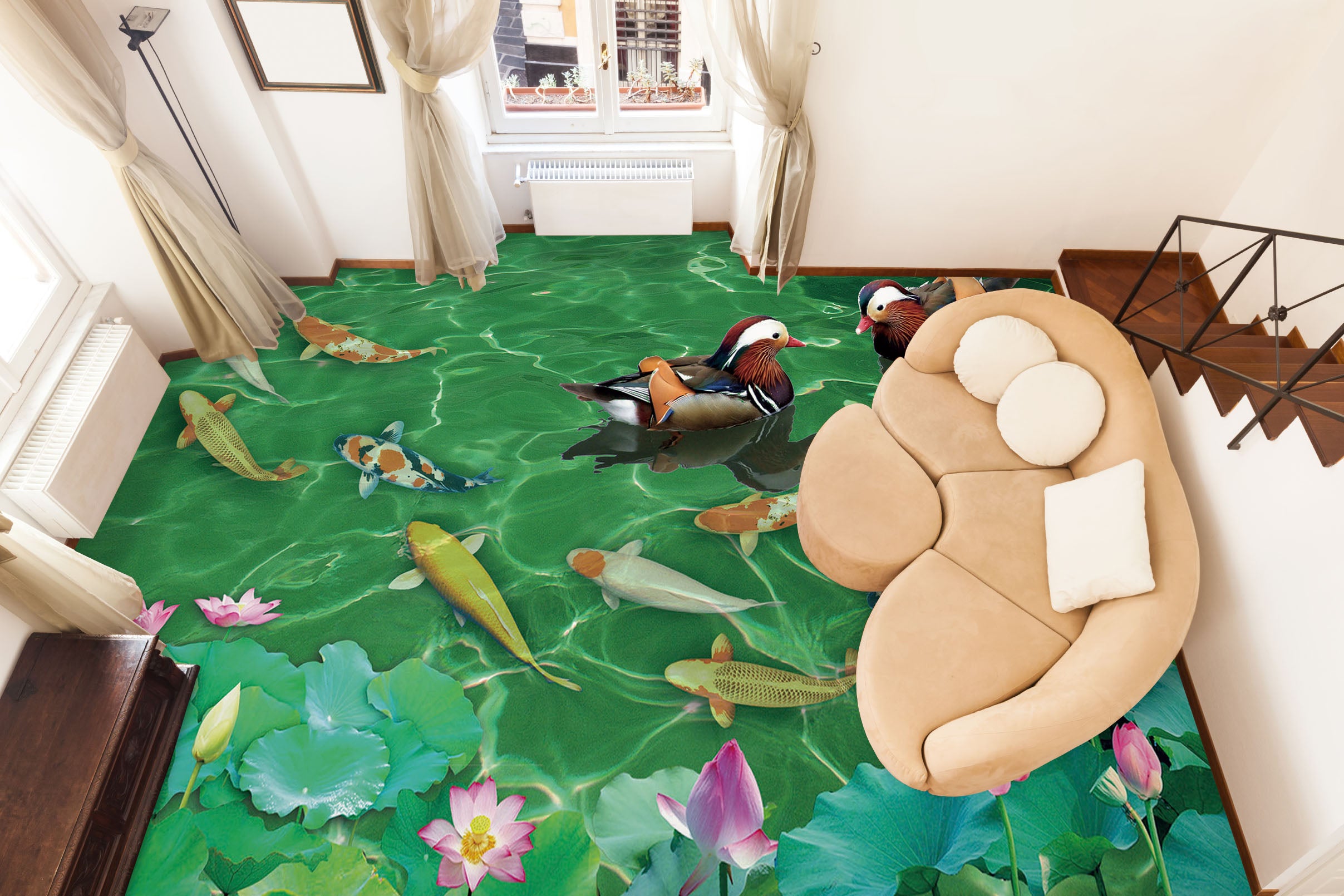 3D Koi And Ducks 1287 Floor Mural