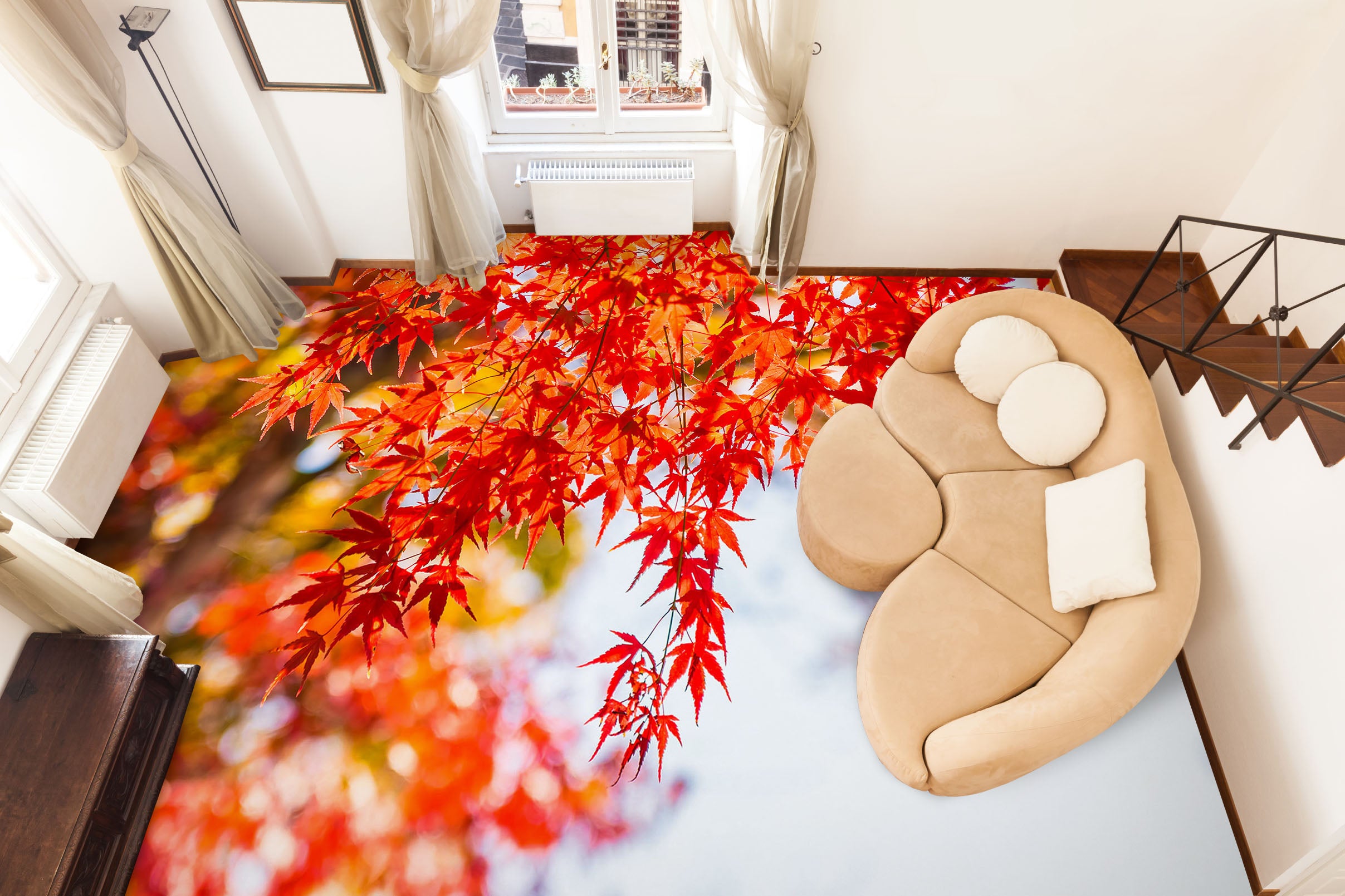 3D Romantic Red Maple Leaves 1266 Floor Mural  Wallpaper Murals Self-Adhesive Removable Print Epoxy