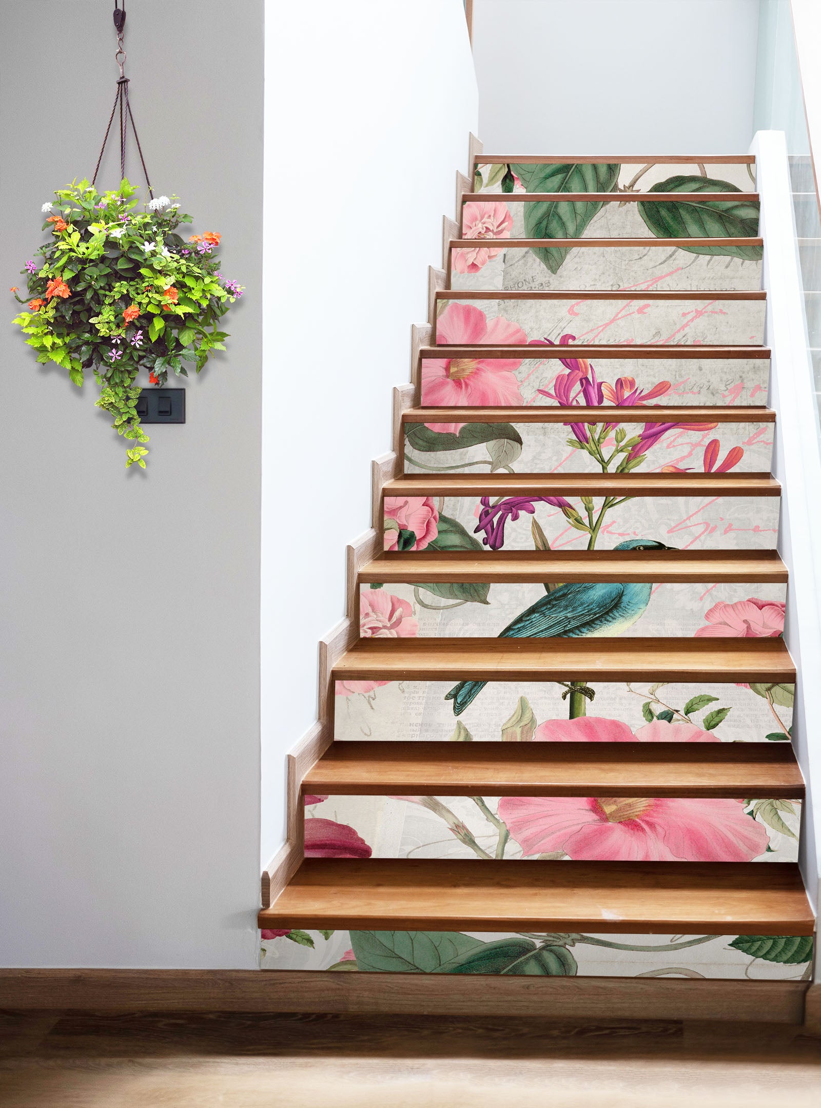 3D Pink Flowers Bird 109173 Andrea Haase Stair Risers