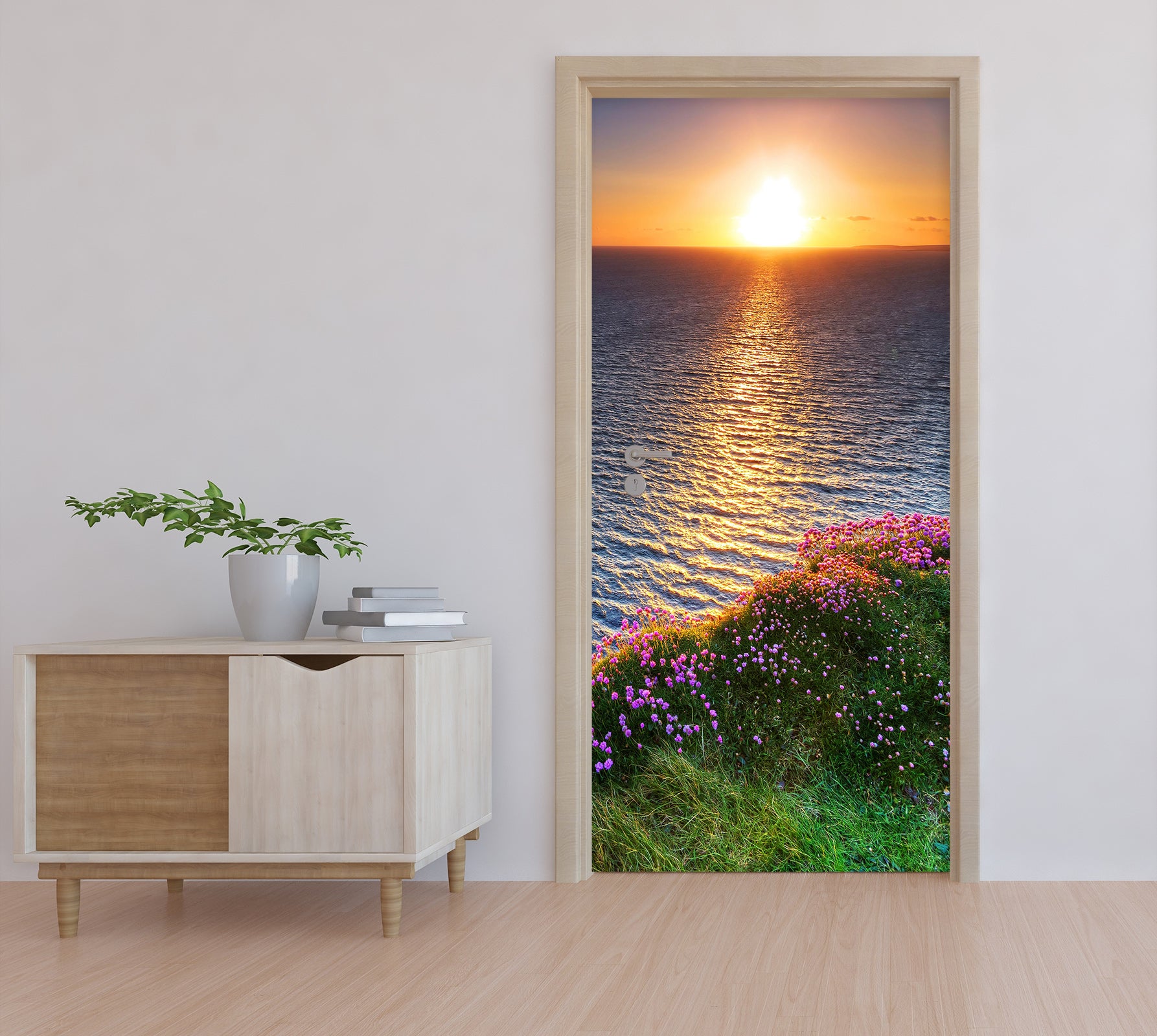 3D Sunset Sea Flower 104 Door Mural