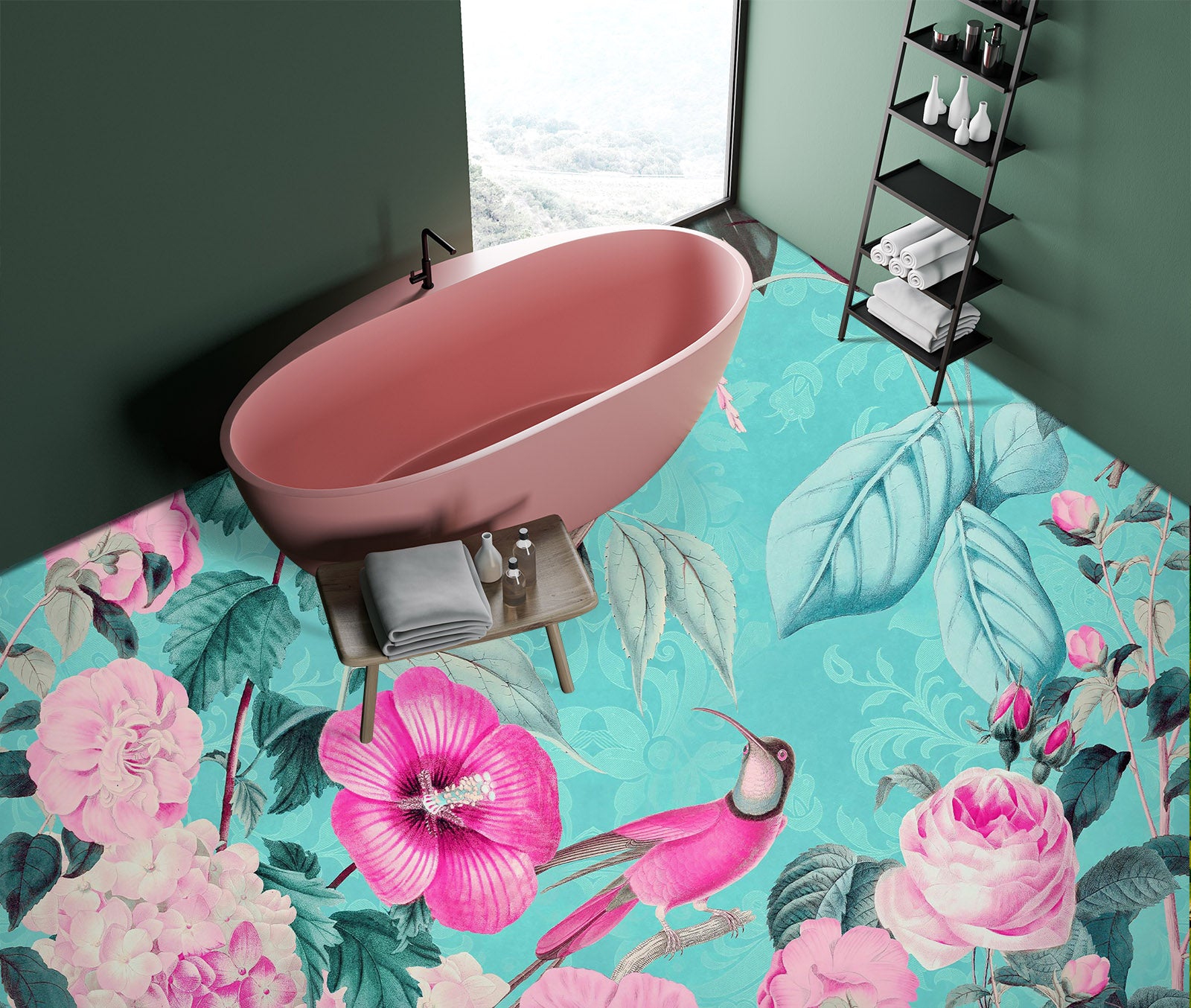 3D Pink Flower Bird Blue 104153 Andrea Haase Floor Mural  Wallpaper Murals Self-Adhesive Removable Print Epoxy