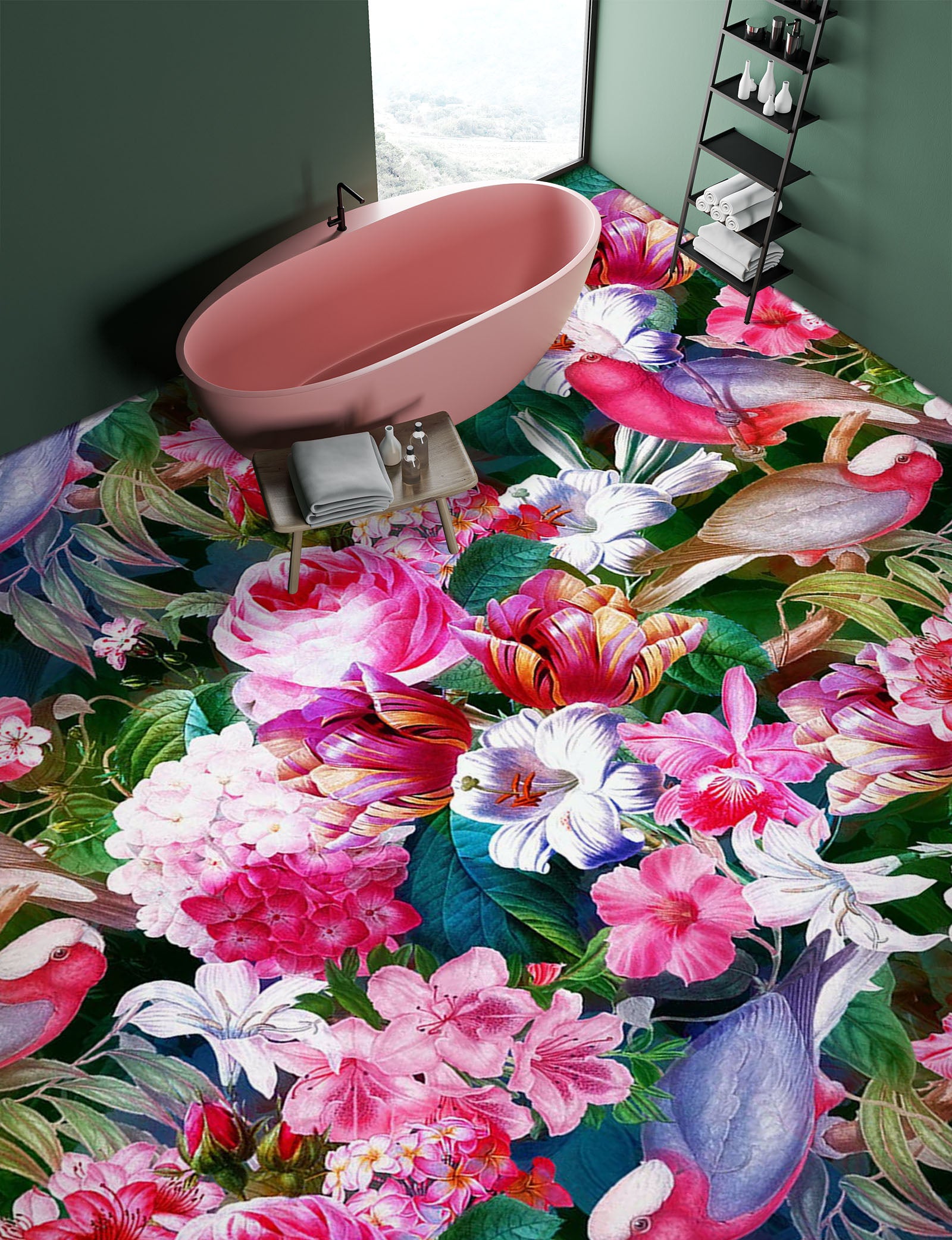 3D Pink Garden Bird 99201 Uta Naumann Floor Mural  Wallpaper Murals Self-Adhesive Removable Print Epoxy