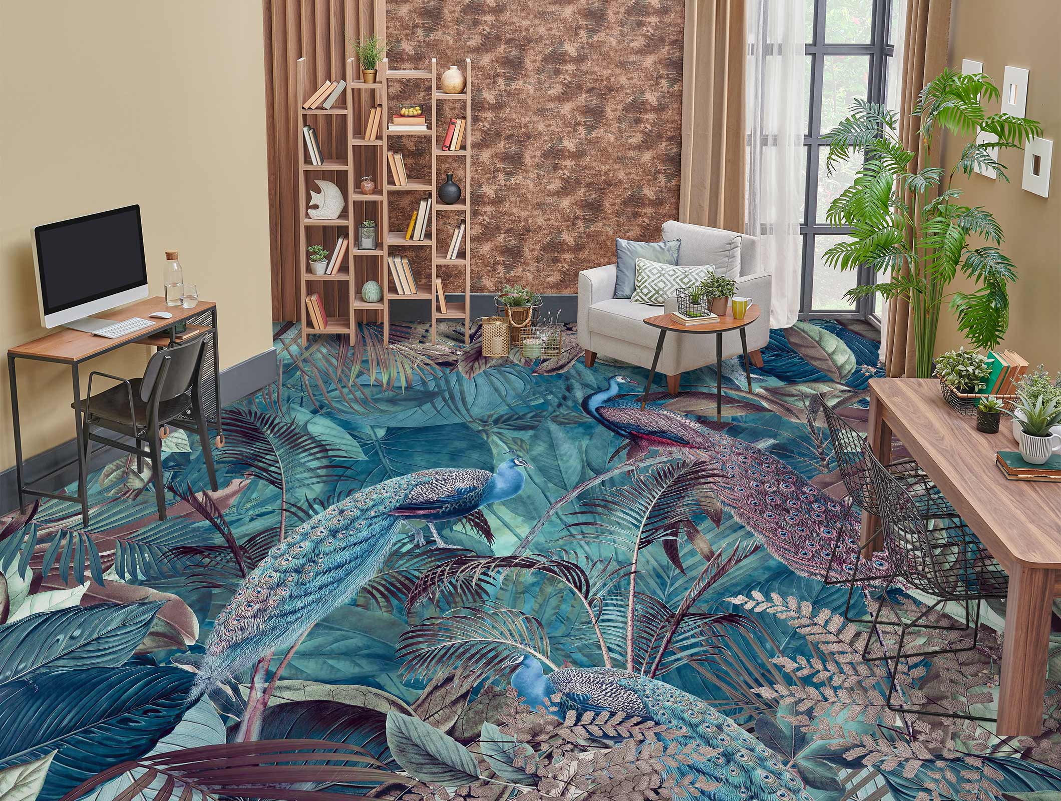 3D Jungle Peacock Leaves 10040 Andrea Haase Floor Mural  Wallpaper Murals Self-Adhesive Removable Print Epoxy
