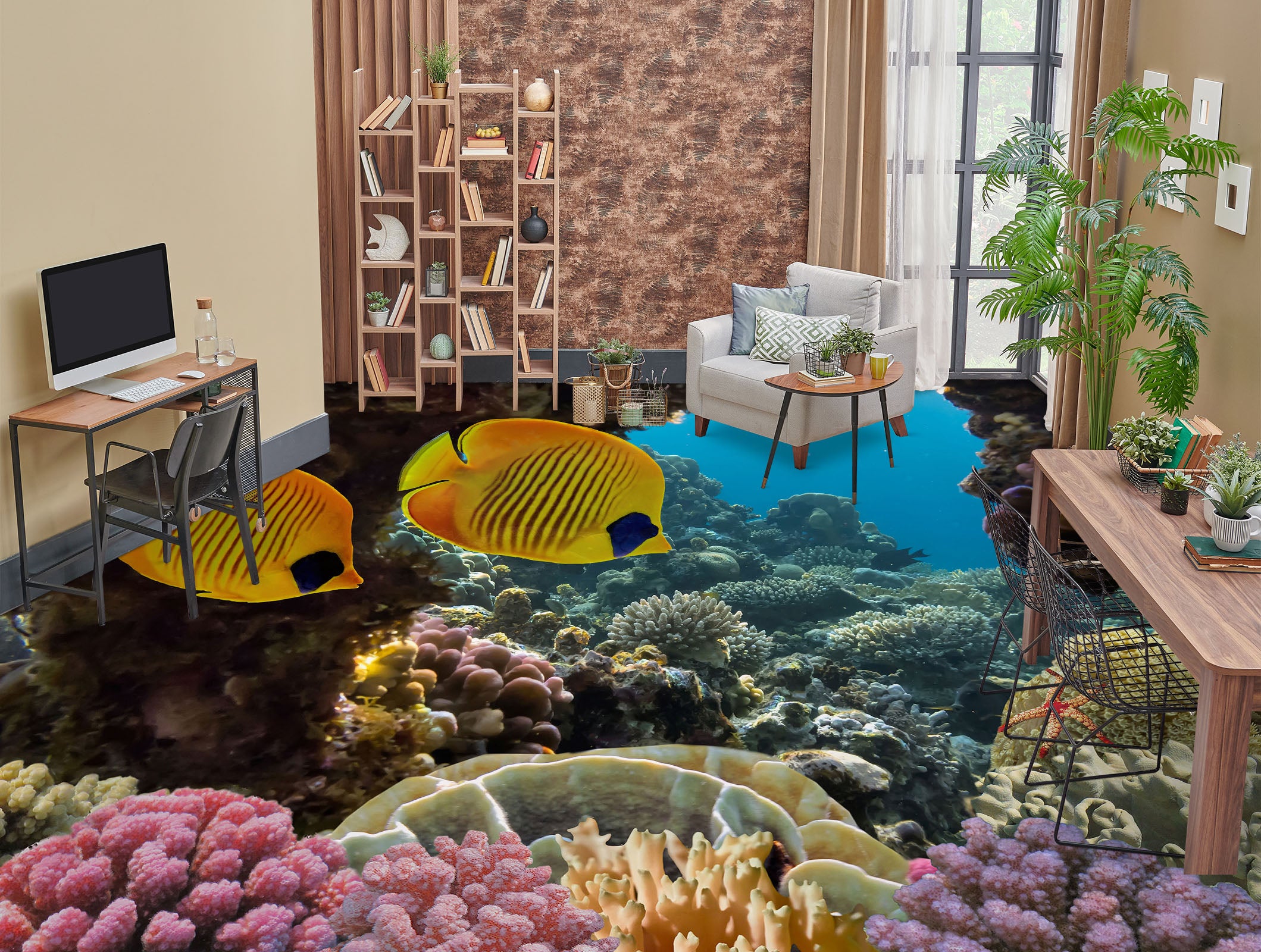 3D Two Yellow Fish 1410 Floor Mural  Wallpaper Murals Self-Adhesive Removable Print Epoxy