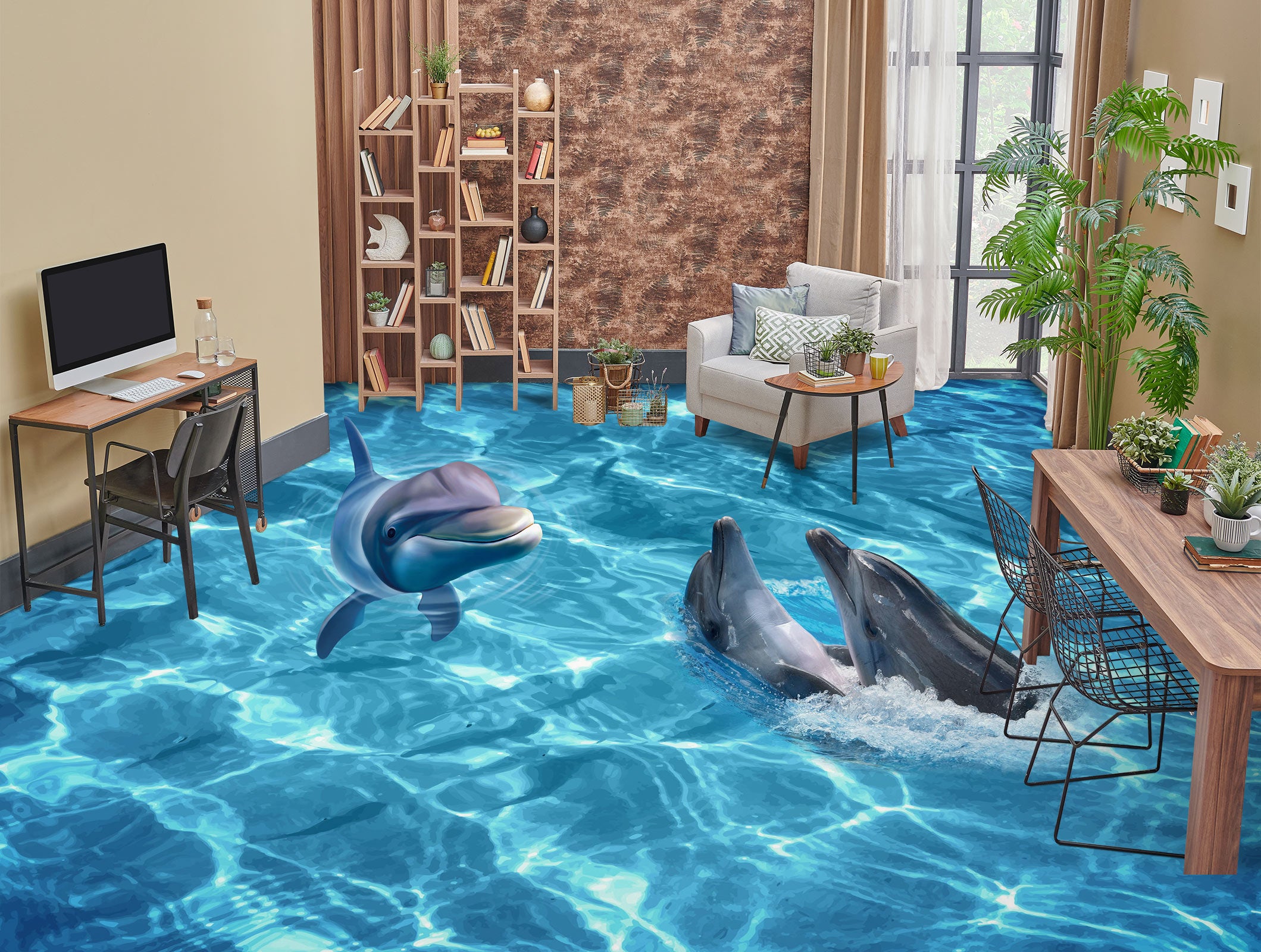 3D Encounter Of Dolphins 1333 Floor Mural  Wallpaper Murals Self-Adhesive Removable Print Epoxy