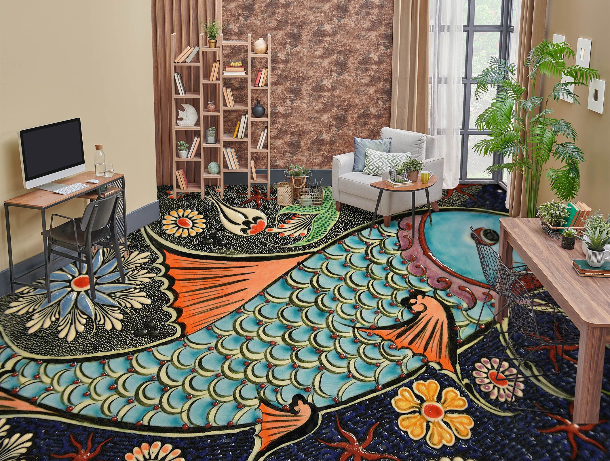 3D Auspicious Blue Fish 1508 Floor Mural