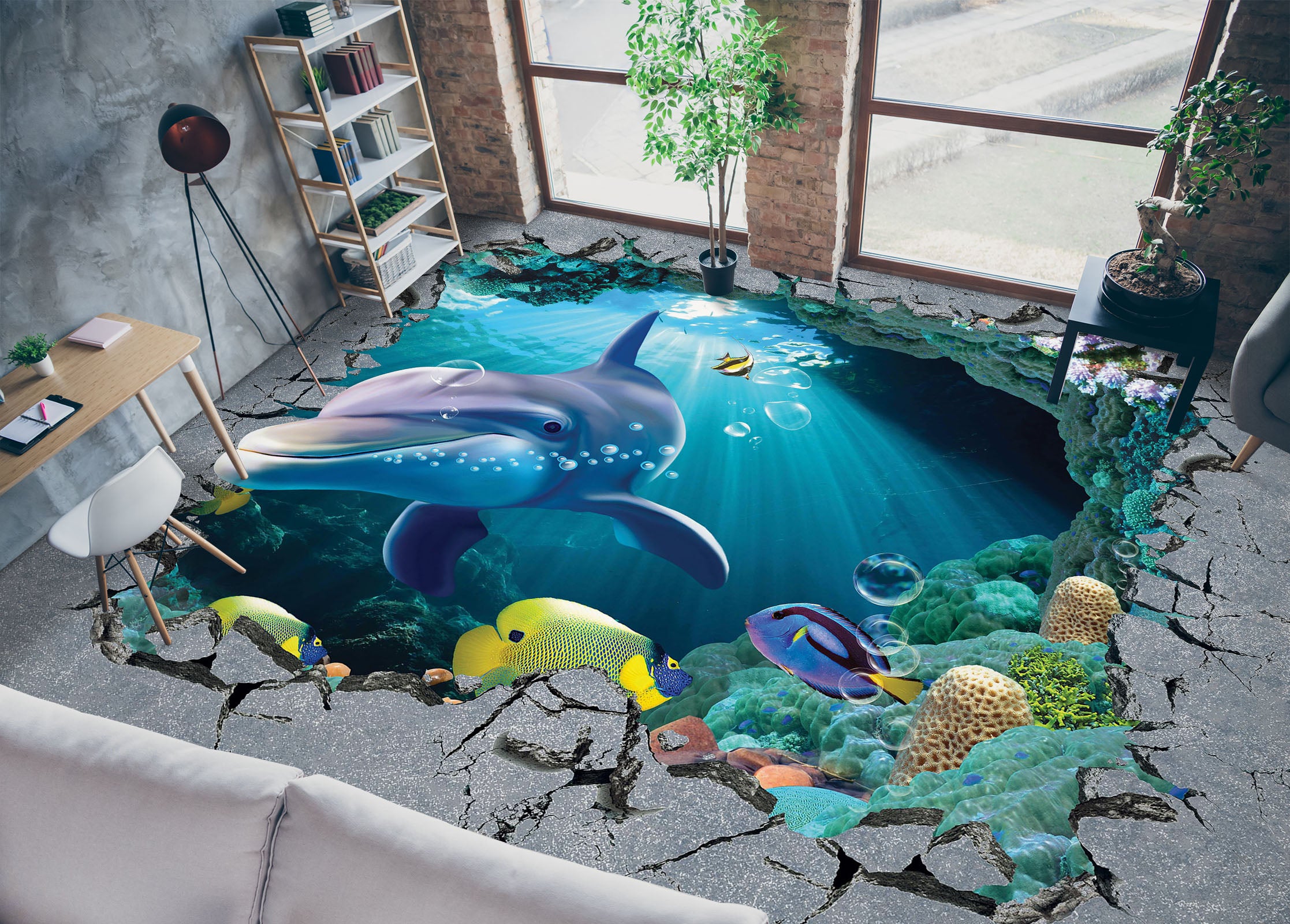 3D Curious Dolphin 773 Floor Mural  Wallpaper Murals Rug & Mat Print Epoxy waterproof bath floor