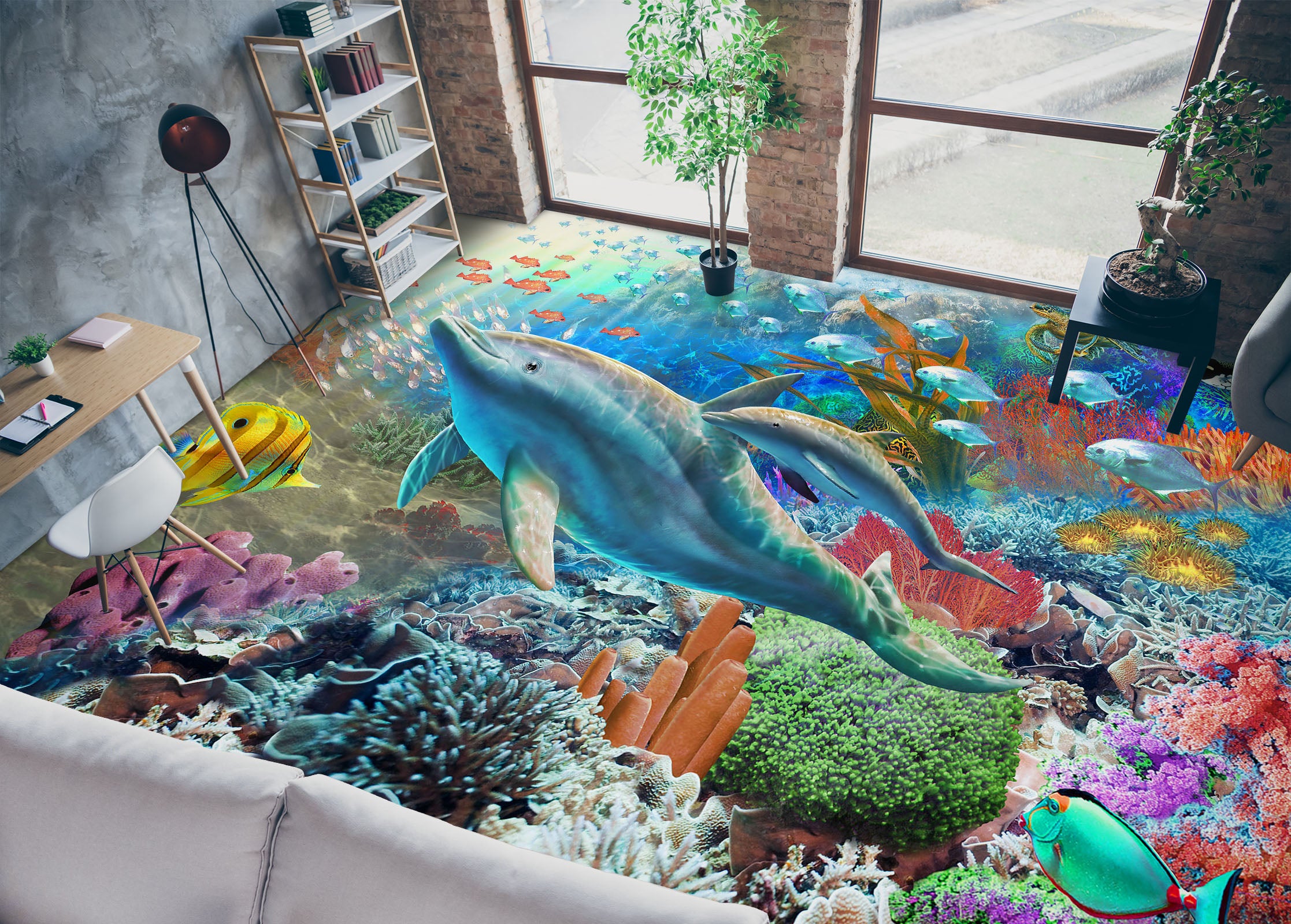 3D Seabed Colorful Coral Dolphin 98167 Adrian Chesterman Floor Mural  Wallpaper Murals Self-Adhesive Removable Print Epoxy