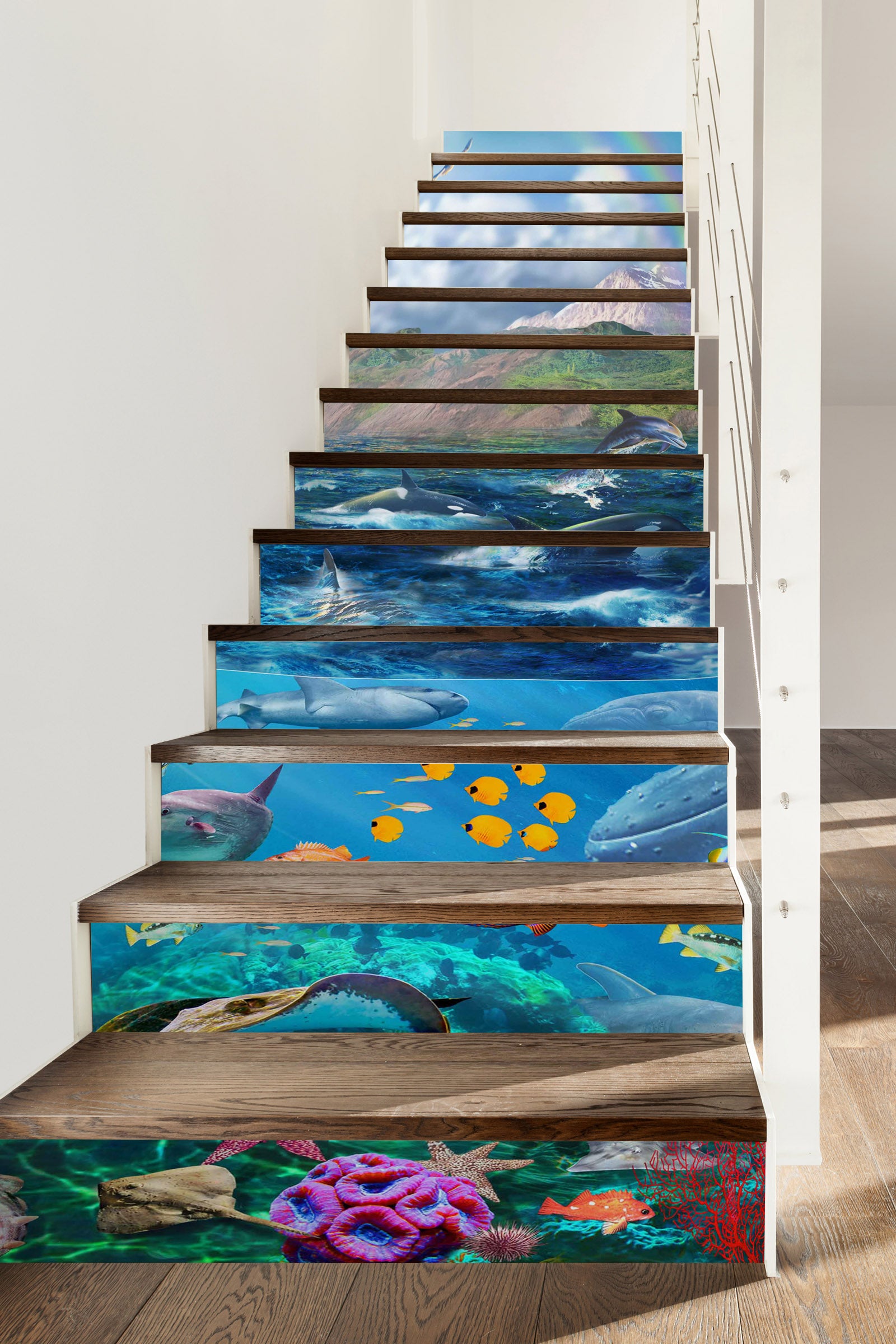 3D Mountain Wave Ocean Fish 96182 Adrian Chesterman Stair Risers