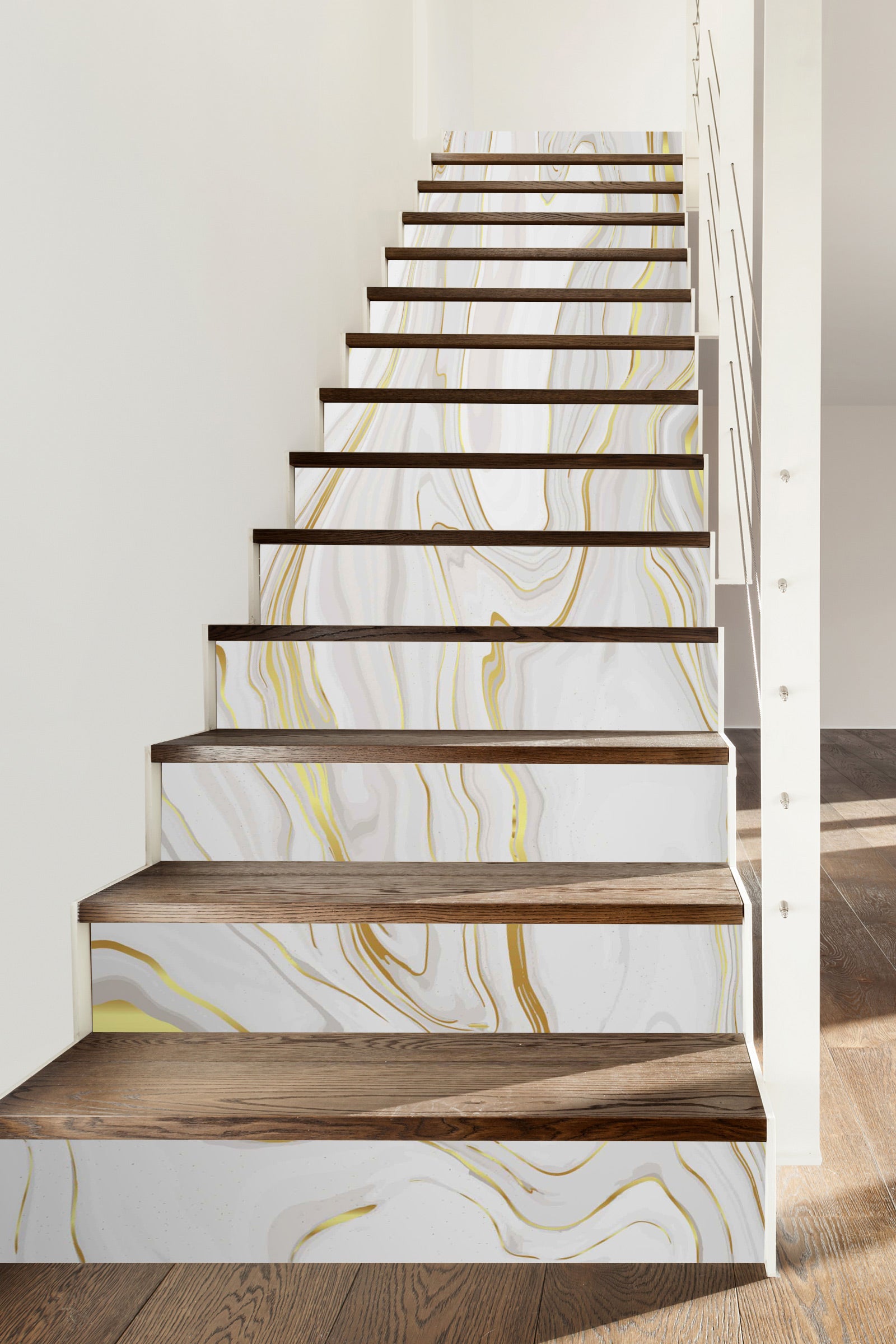 3D White And Gold Lines Curved 517 Stair Risers