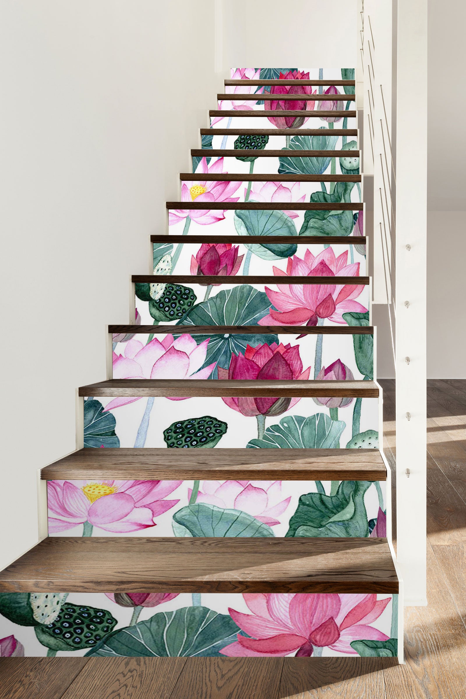 3D Pink Lotus Pond 494 Stair Risers