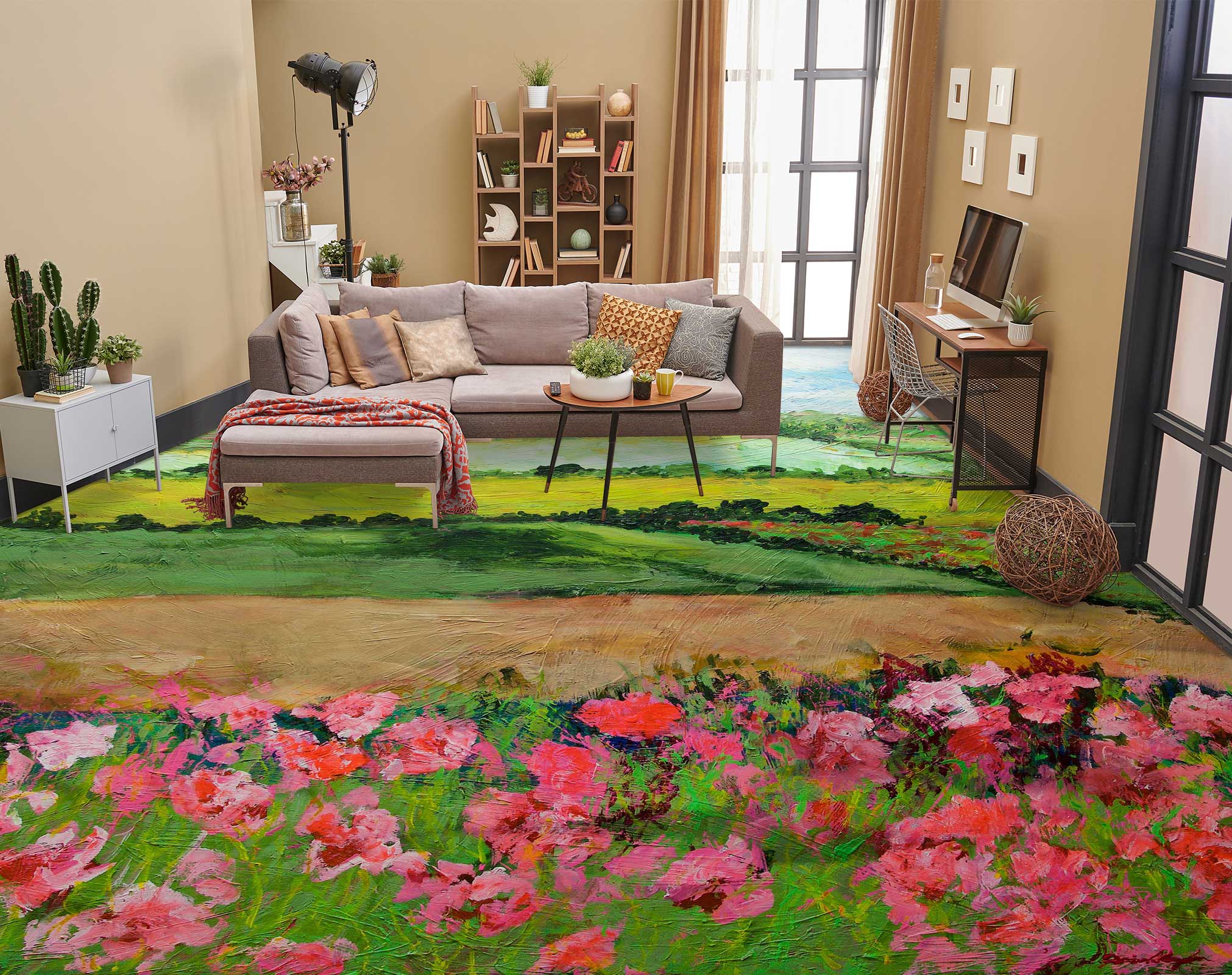 3D Grassland Pink Flowers 9646 Allan P. Friedlander Floor Mural  Wallpaper Murals Self-Adhesive Removable Print Epoxy