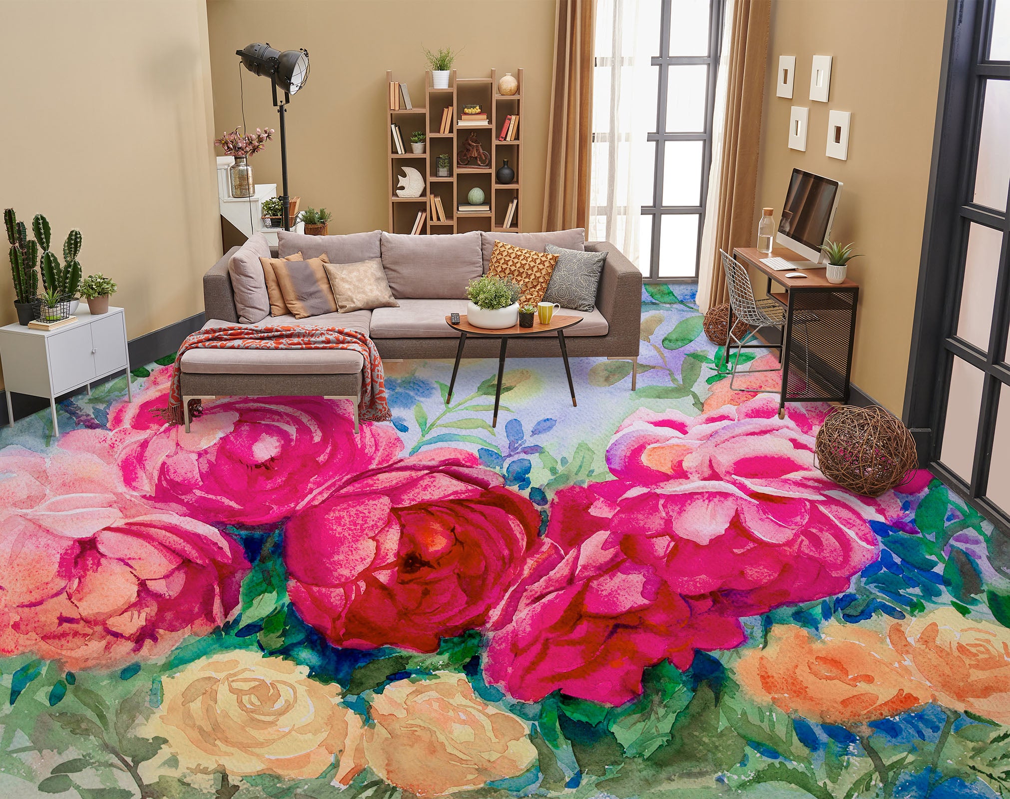 3D Dark Pink Peony 1220 Floor Mural  Wallpaper Murals Self-Adhesive Removable Print Epoxy