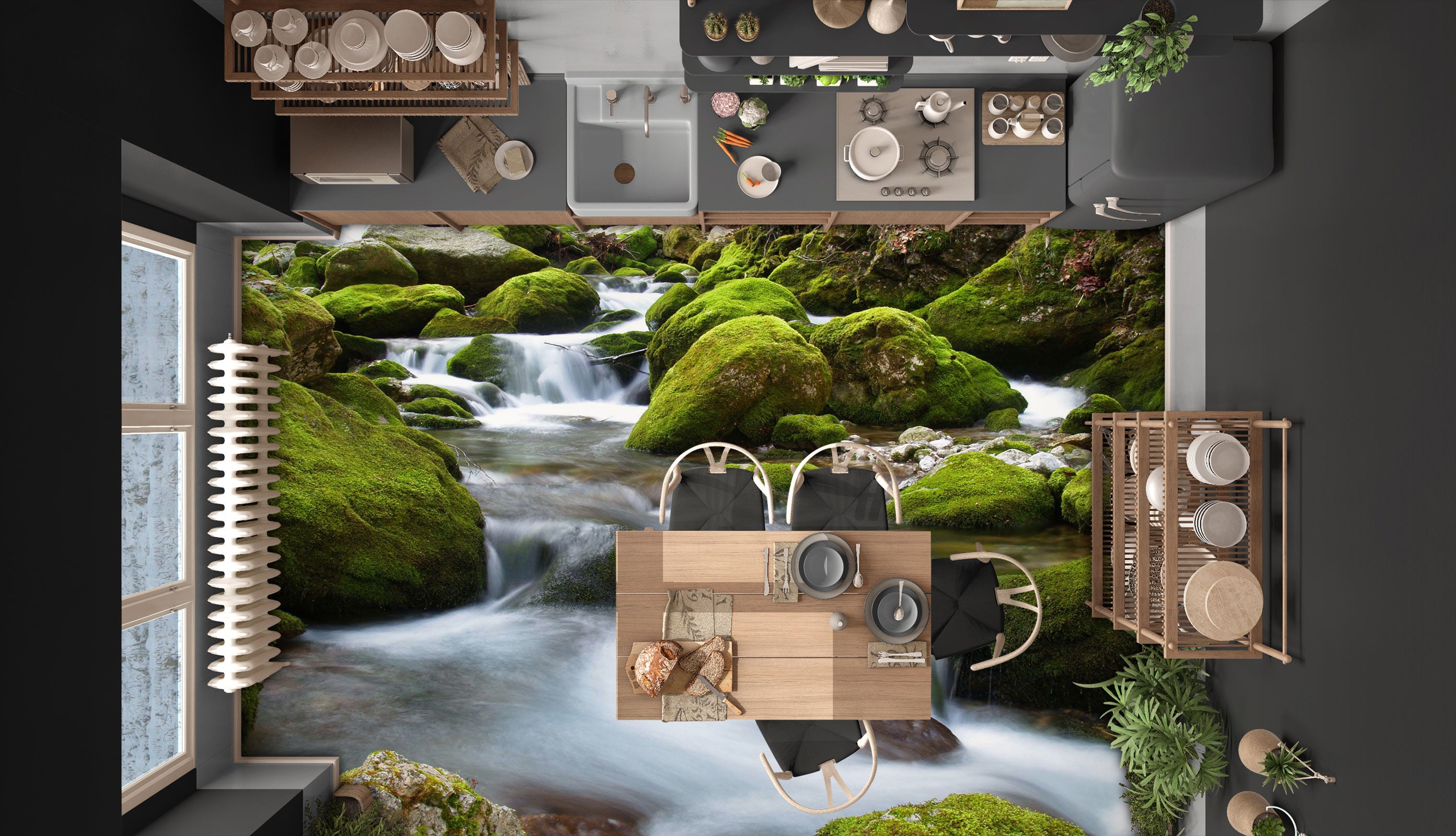 3D Green Stones And Running Water 609 Floor Mural  Wallpaper Murals Rug & Mat Print Epoxy waterproof bath floor