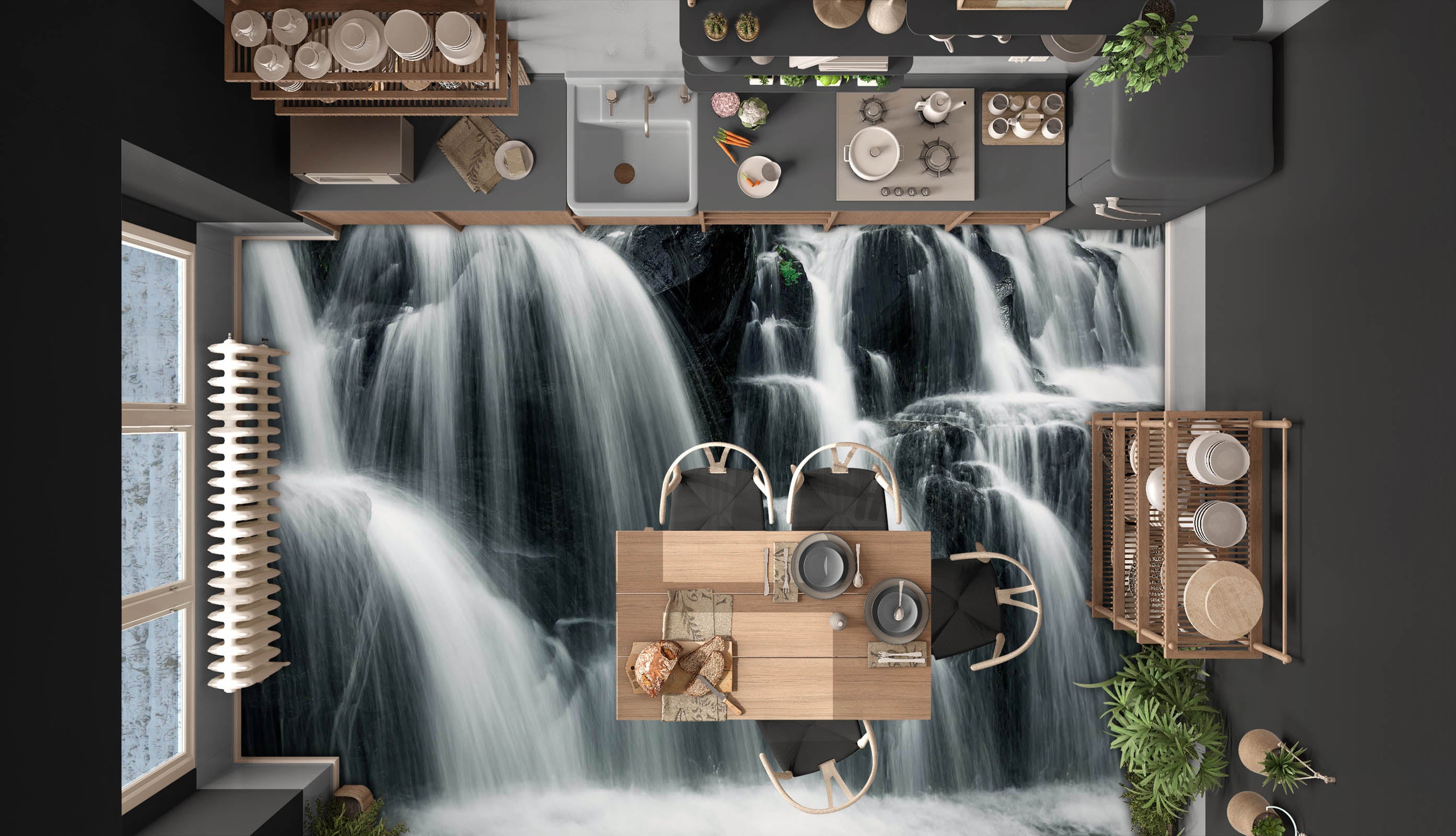 3D Waterfall And Black Mountains 1413 Floor Mural  Wallpaper Murals Self-Adhesive Removable Print Epoxy