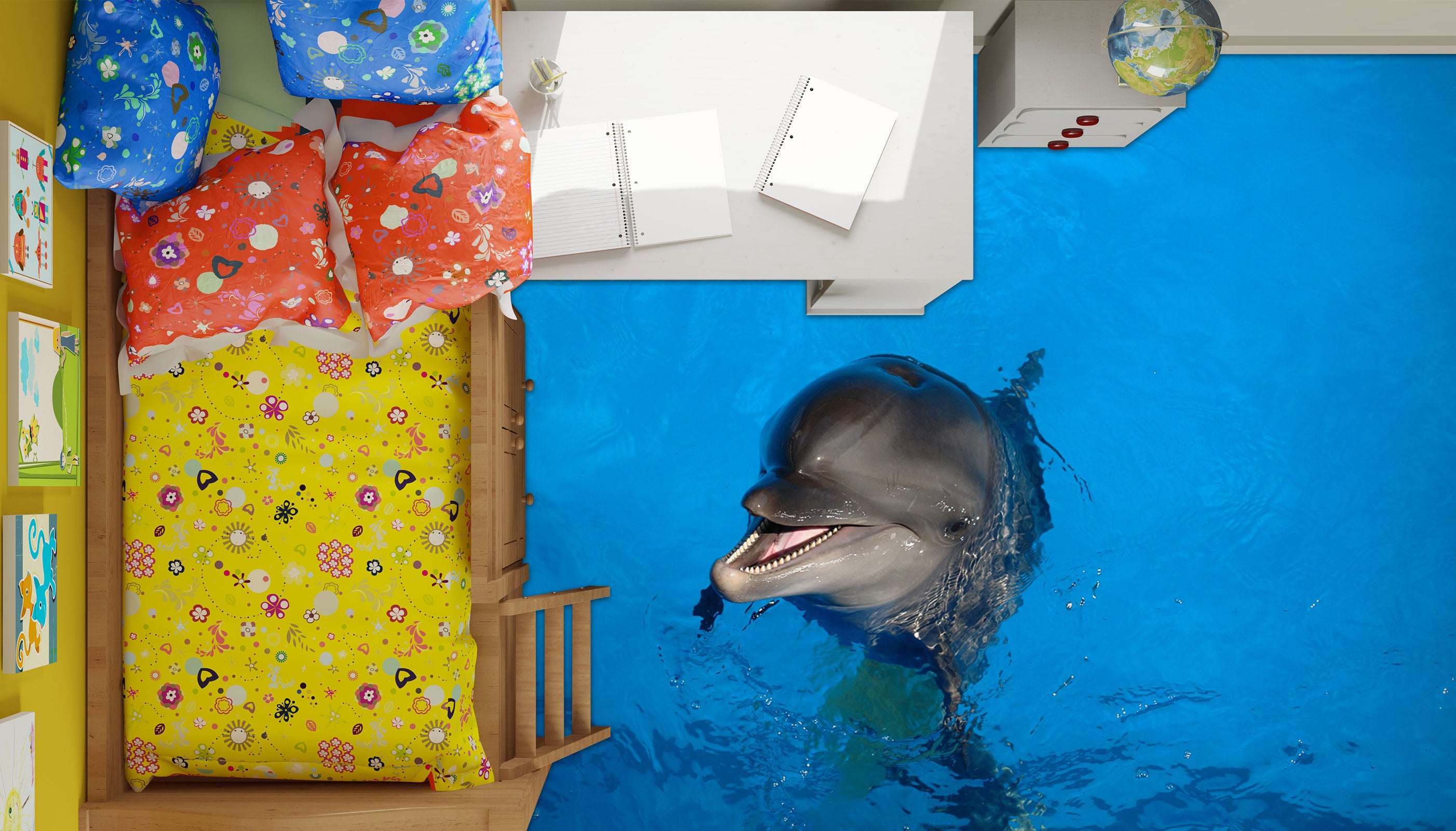 3D Cute Grey Dolphin 355 Floor Mural  Wallpaper Murals Rug & Mat Print Epoxy waterproof bath floor