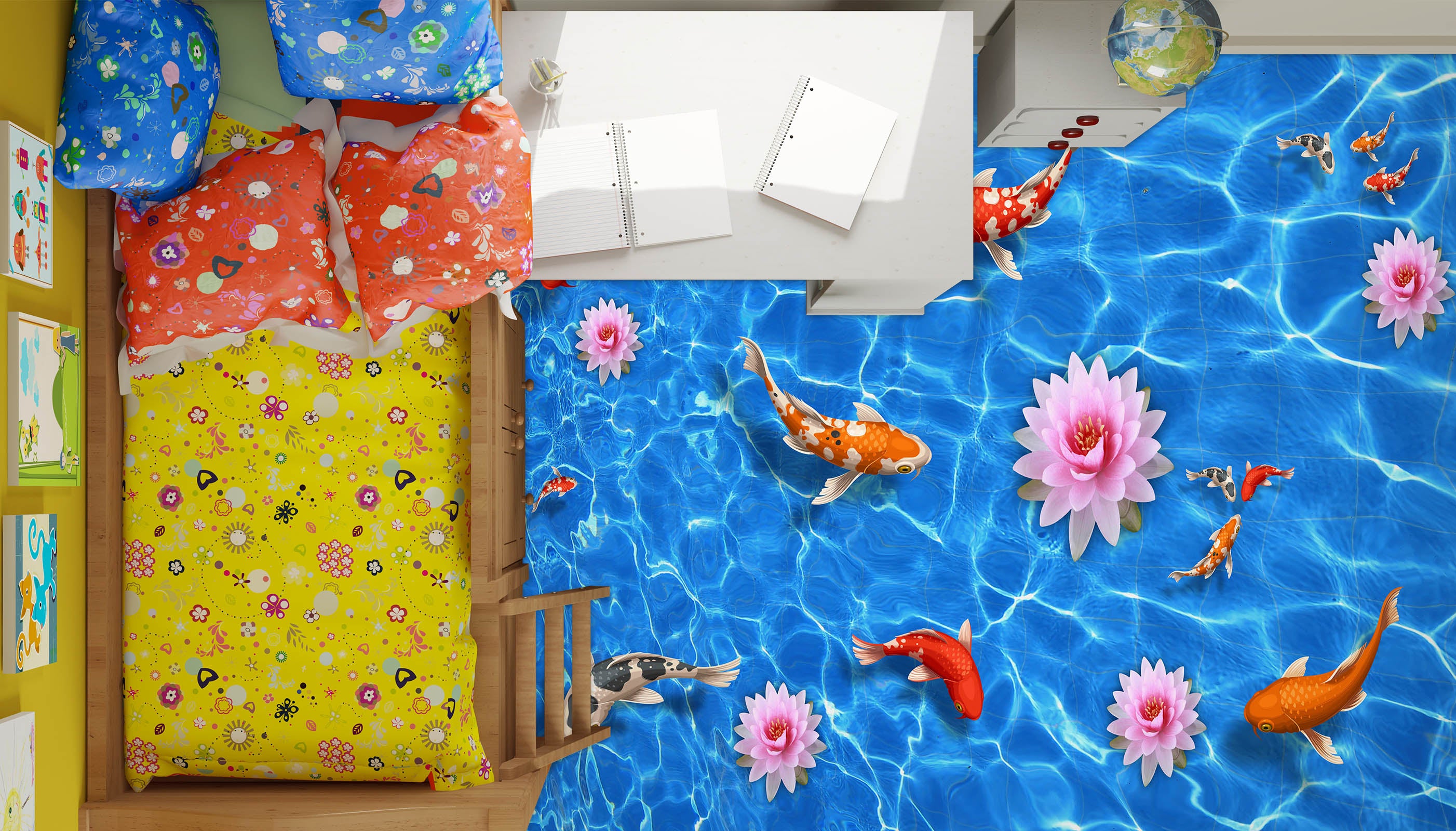 3D Pink Lotus And Koi 219 Floor Mural  Wallpaper Murals Rug & Mat Print Epoxy waterproof bath floor