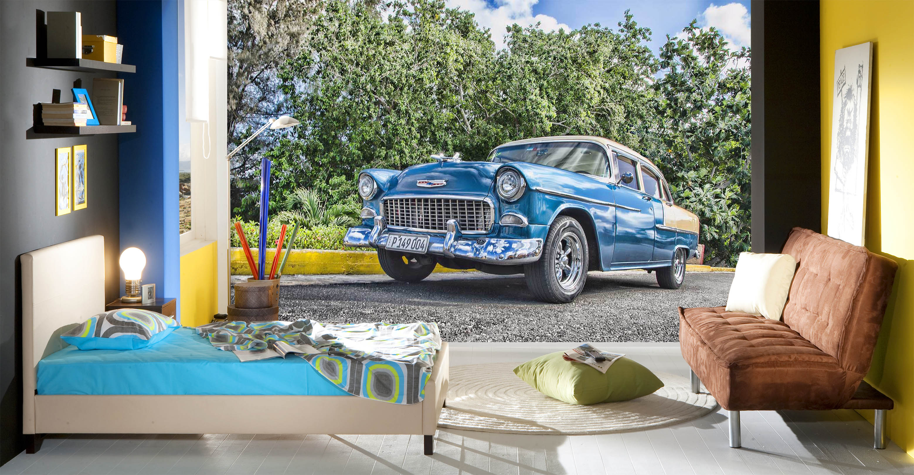 3D Woods Blue Car 095 Vehicle Wall Murals