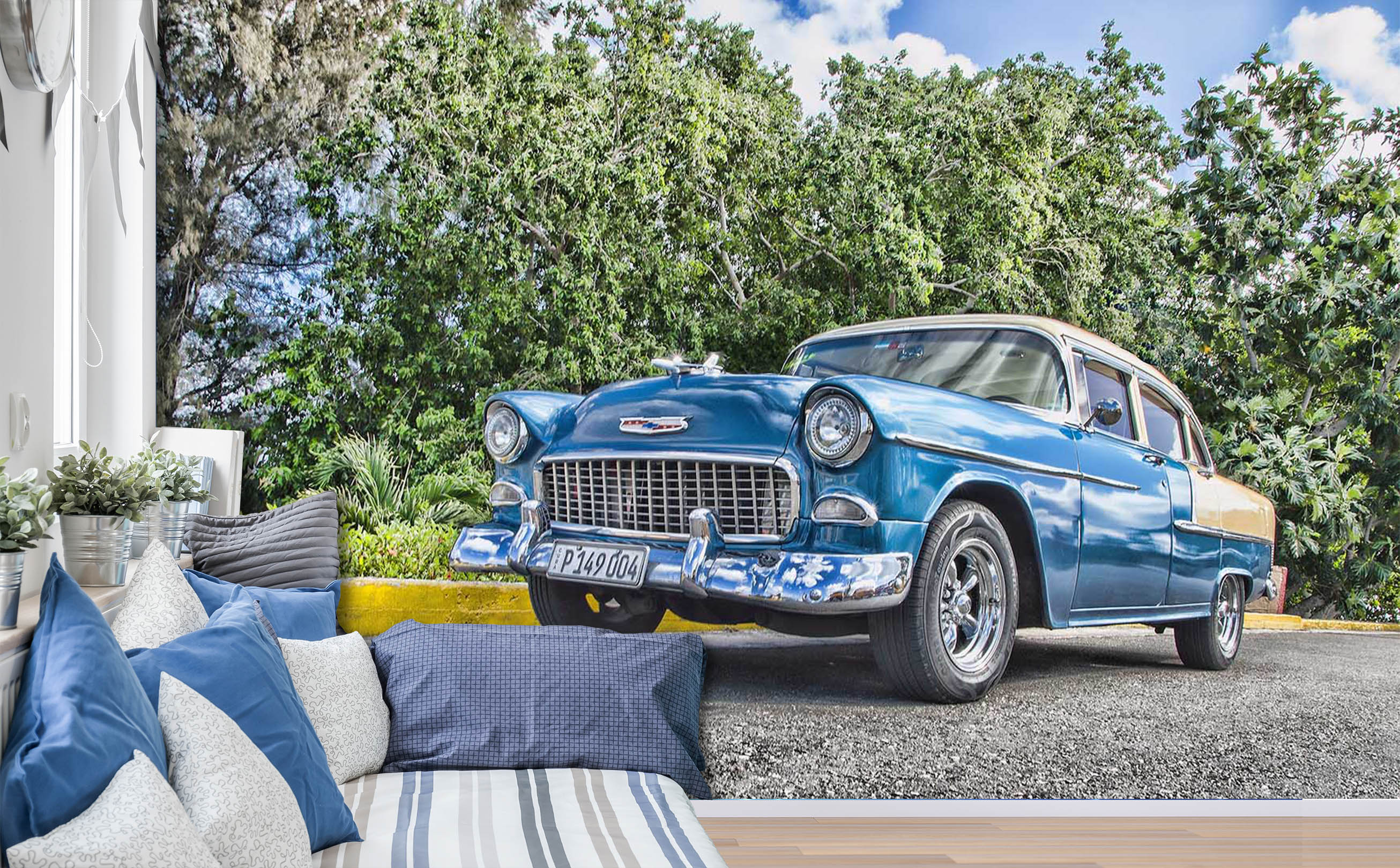 3D Woods Blue Car 095 Vehicle Wall Murals