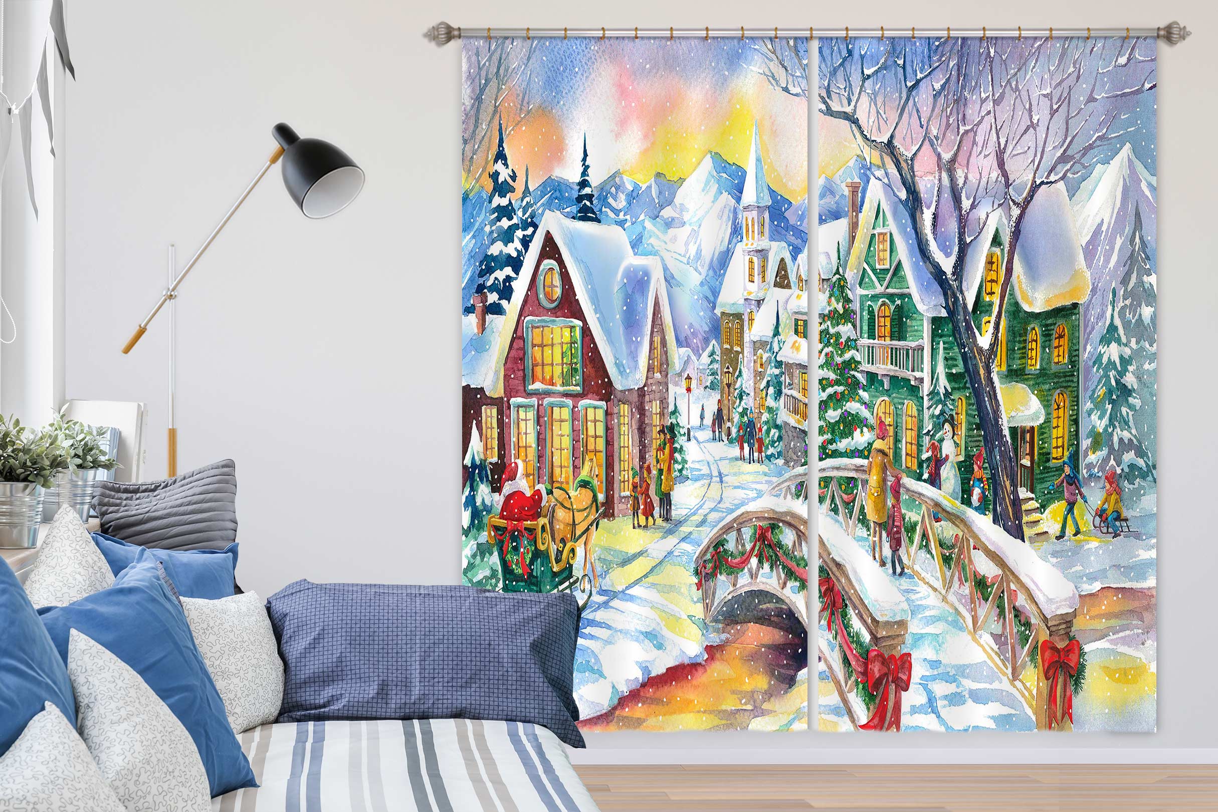 3D Snow House Bridge 53132 Christmas Curtains Drapes Xmas