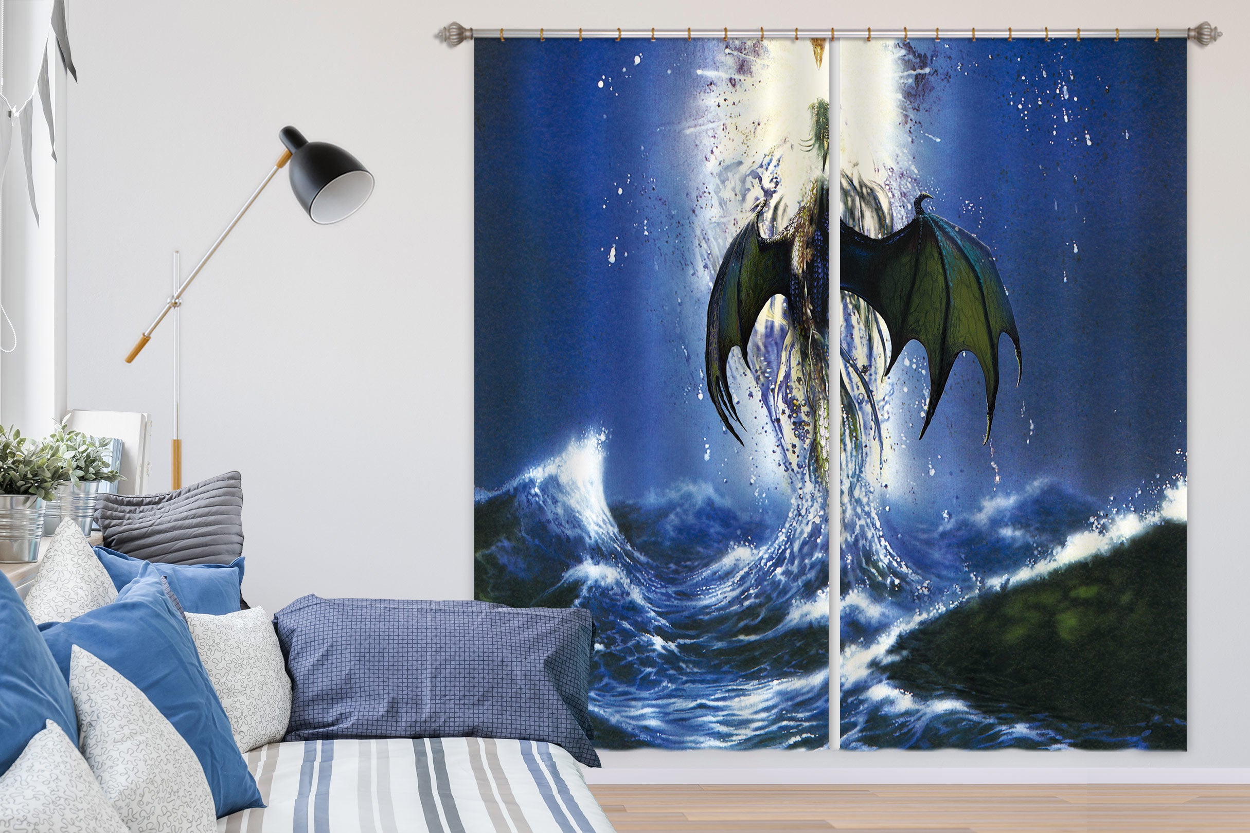 3D Night Sky Waves Dragon 7156 Ciruelo Curtain Curtains Drapes