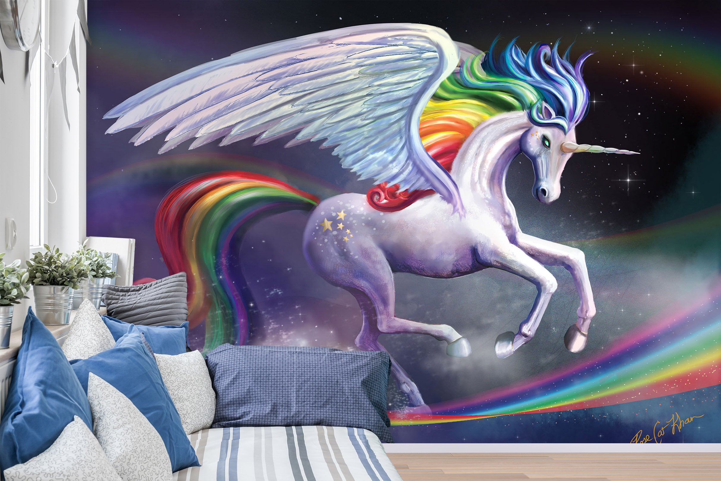 3D Winged Unicorn 1412 Rose Catherine Khan Wall Mural Wall Murals