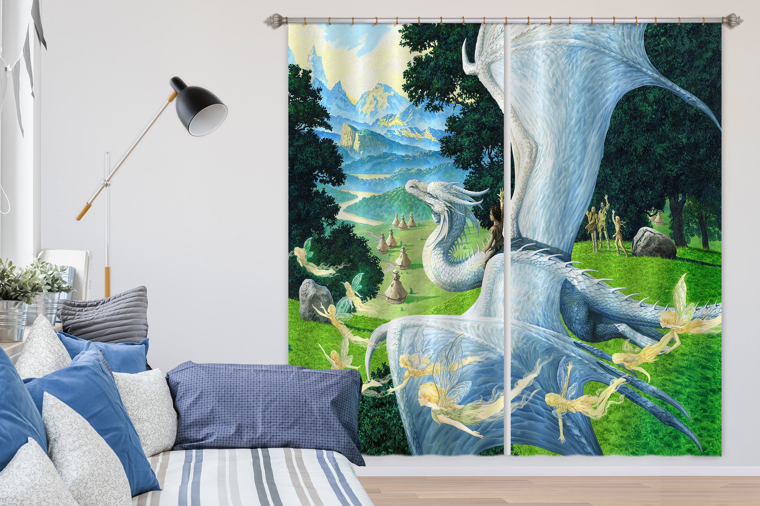 3D White Dragon Elf 7220 Ciruelo Curtain Curtains Drapes