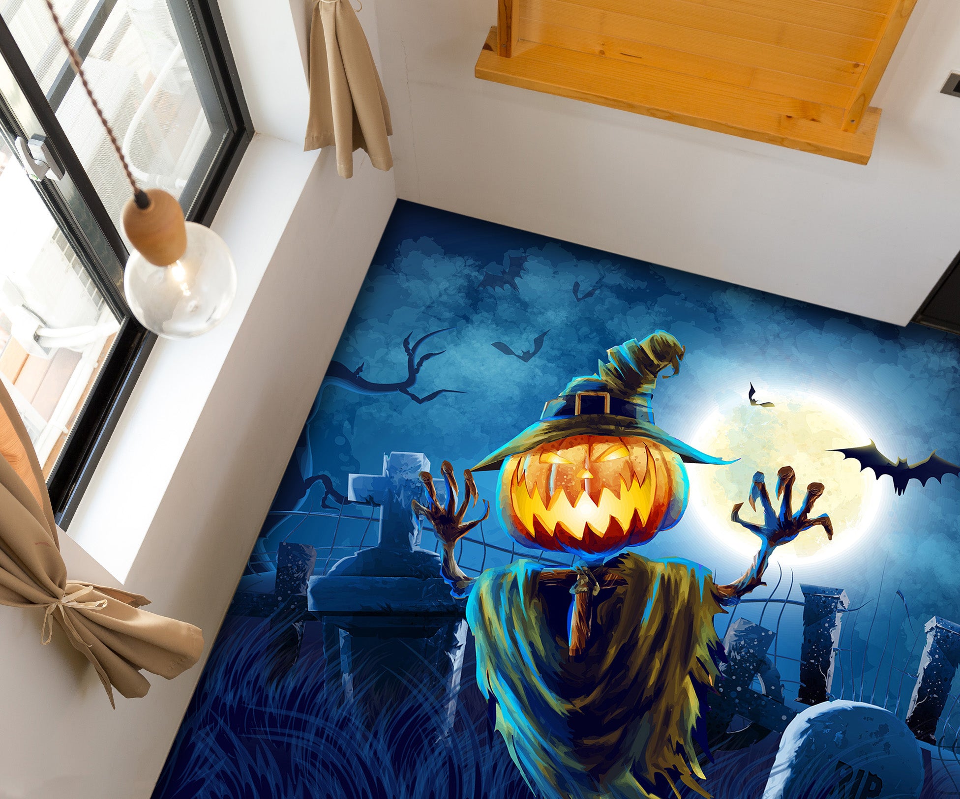 3D Pumpkin Bat 004 Floor Mural  Self-Adhesive Sticker Bathroom Non-slip Waterproof Flooring Murals