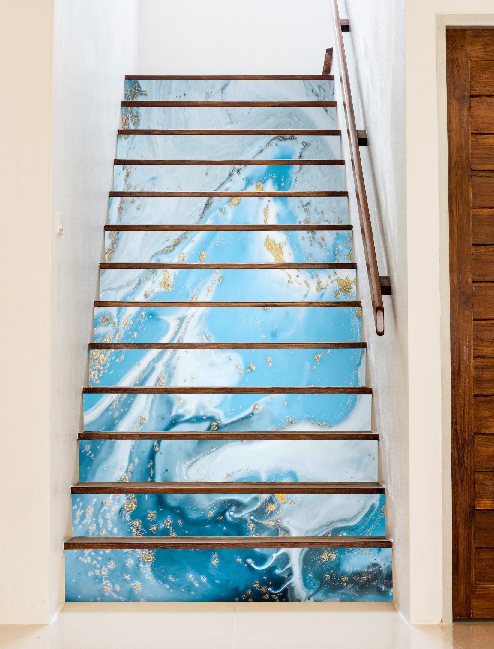 3D Blue And Gold Waves 308 Stair Risers