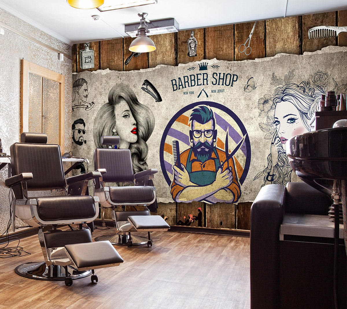 3D Man Cut Hair 1485 Barber Shop Wall Murals