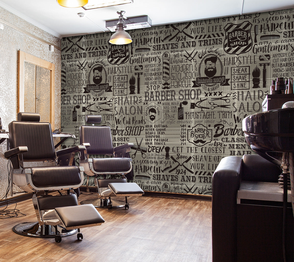 3D Black Gray Haircut Letter Pattern 115149 Barber Shop Wall Murals