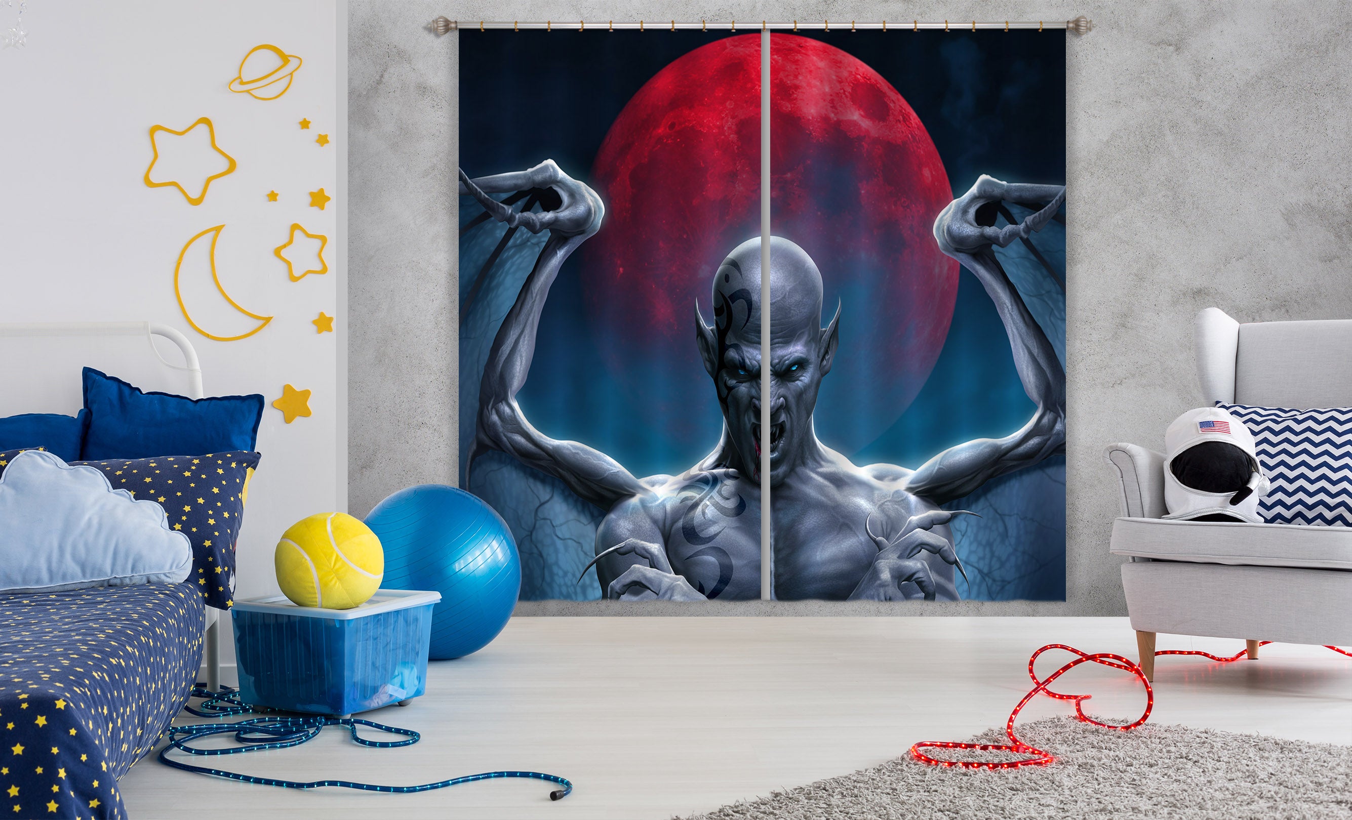 3D Red Moon Dragon Man 5061 Tom Wood Curtain Curtains Drapes
