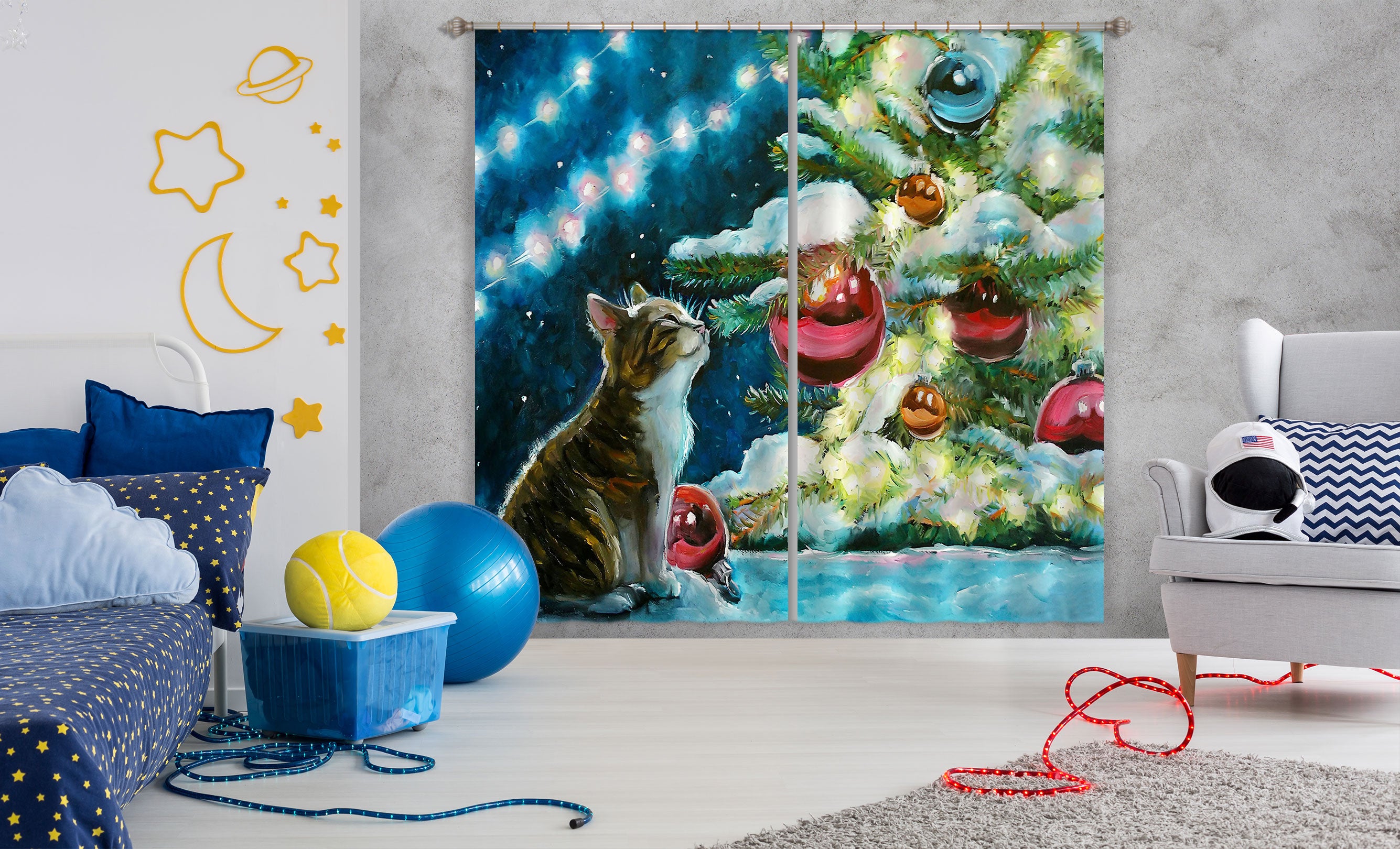 3D Cat Tree Red Ball 53127 Christmas Curtains Drapes Xmas