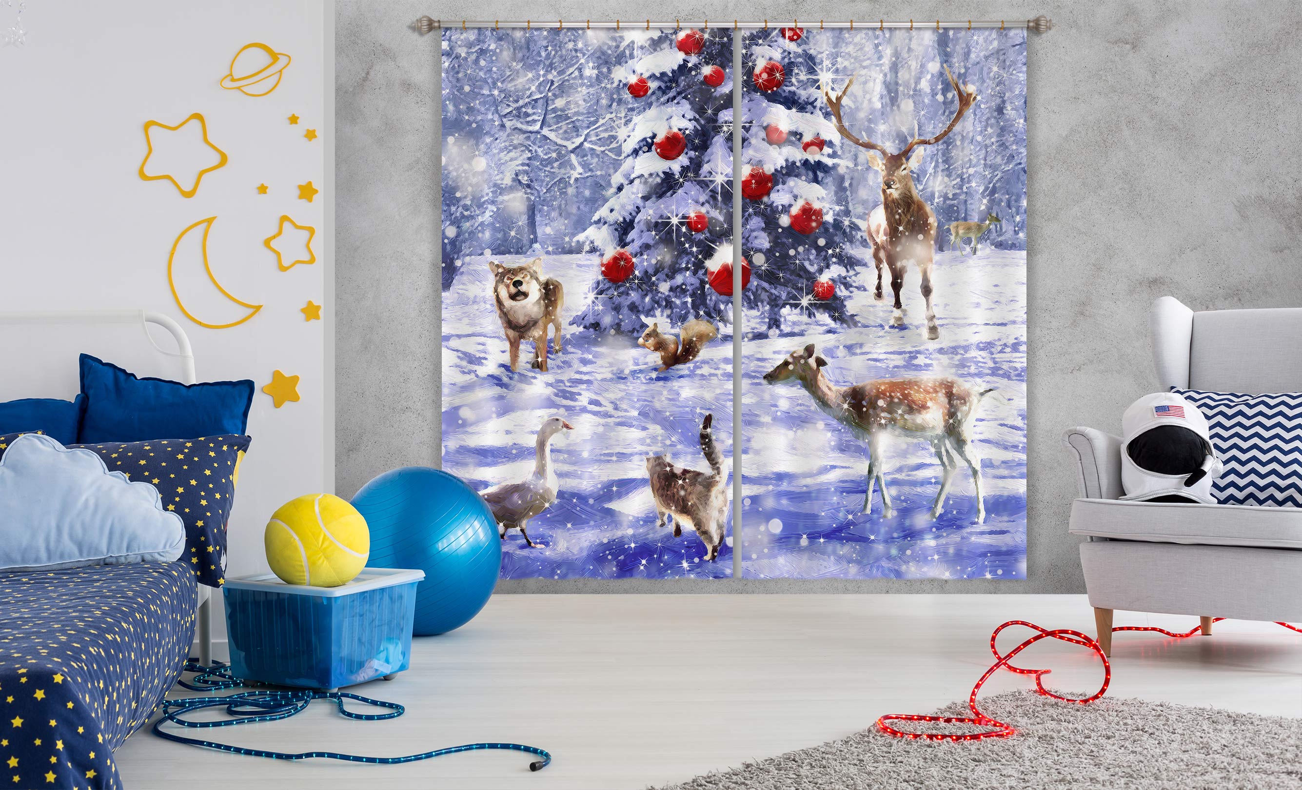3D Snow Tree Deer 53078 Christmas Curtains Drapes Xmas