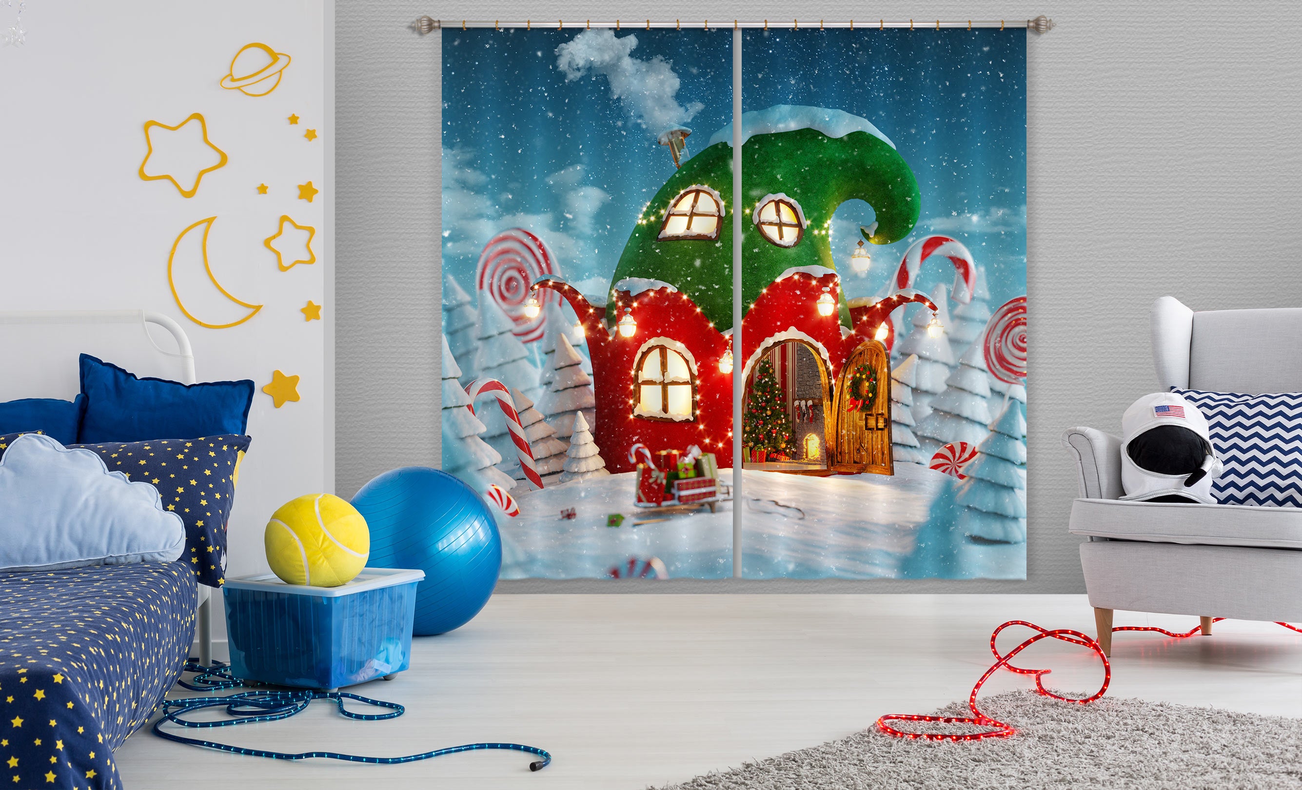 3D Red Green Cottage 53101 Christmas Curtains Drapes Xmas