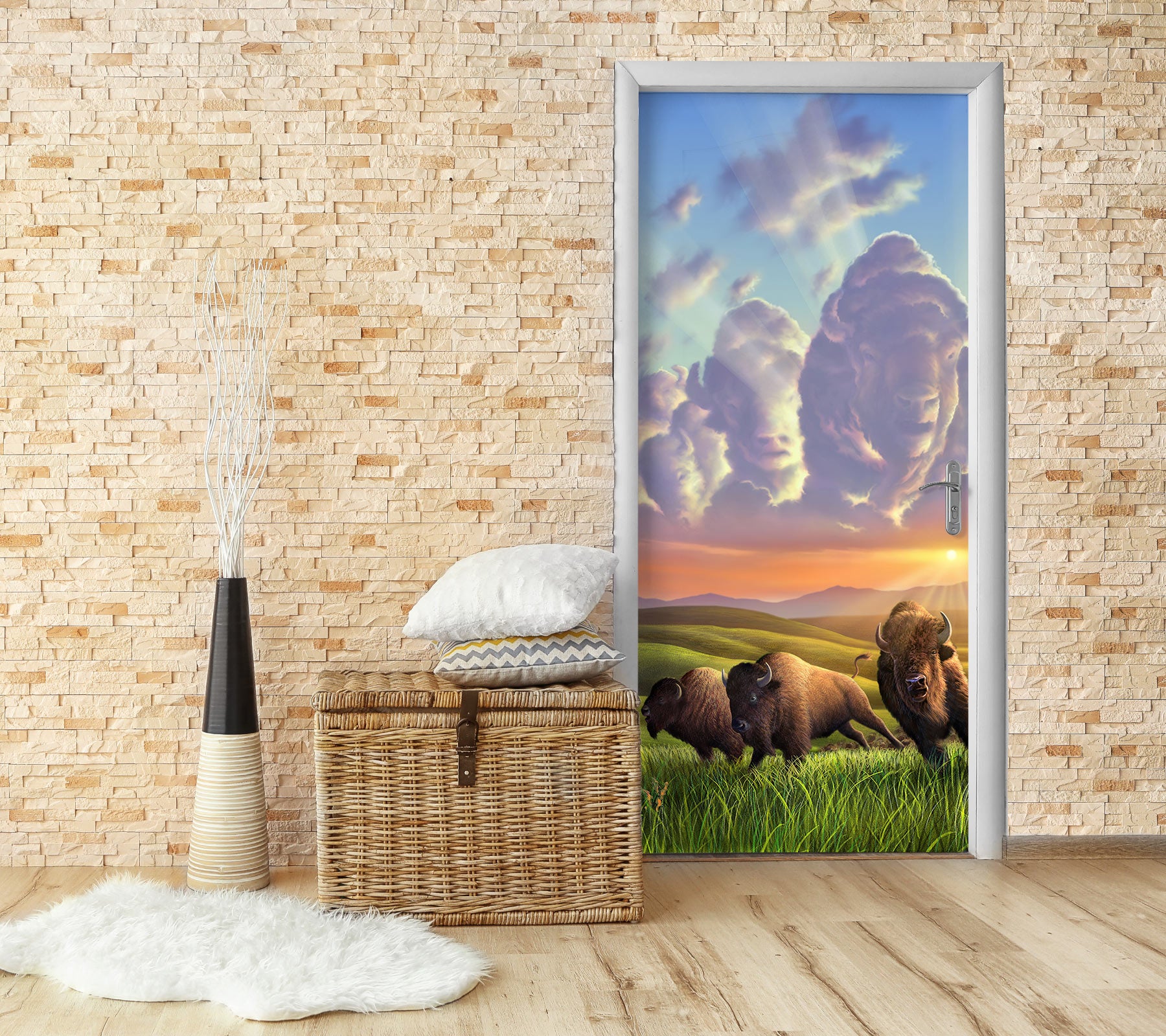 3D Clouds Meadow Yak 112155 Jerry LoFaro Door Mural