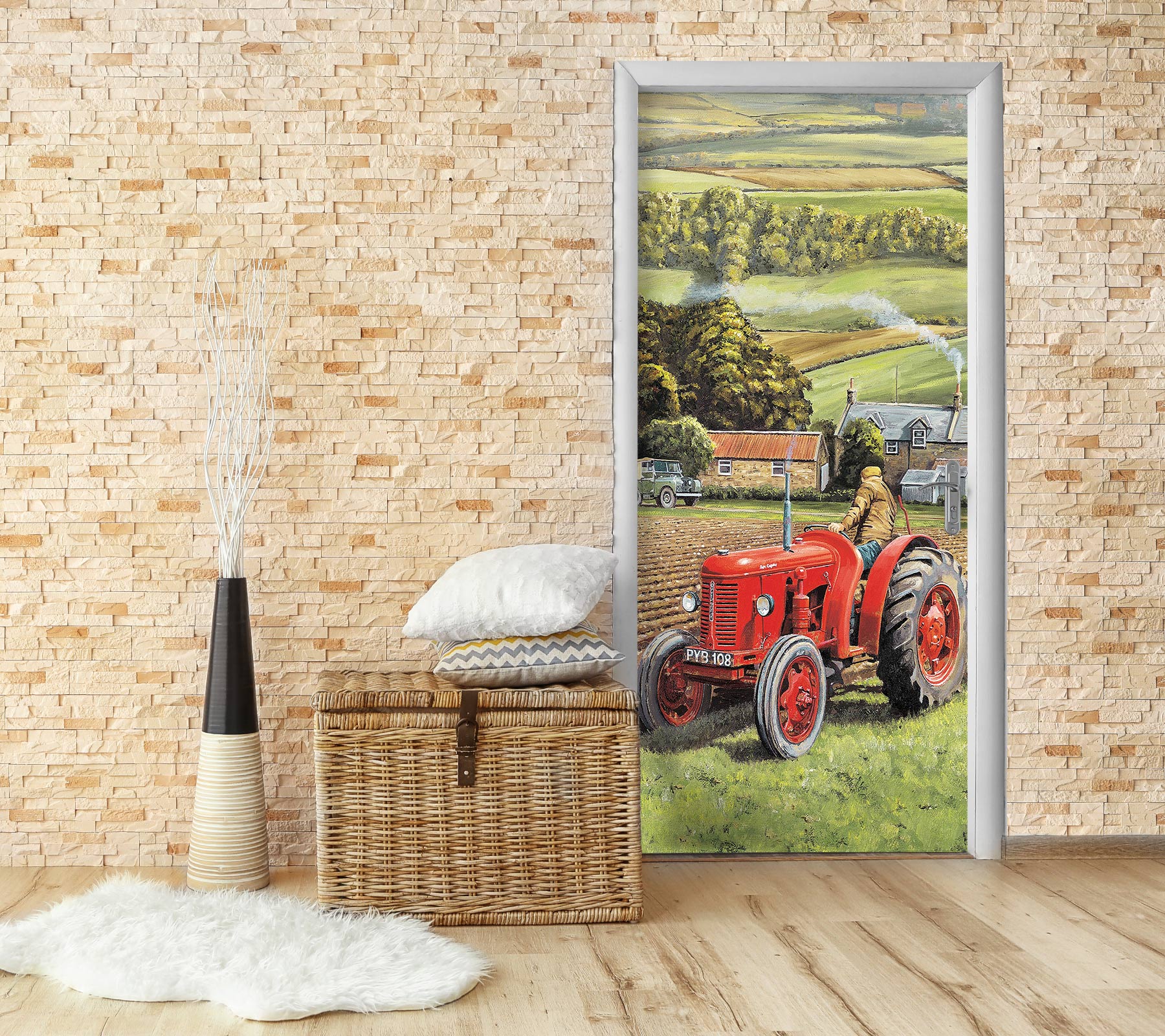 3D Hillside Meadow Red Tractor 10393 Trevor Mitchell Door Mural