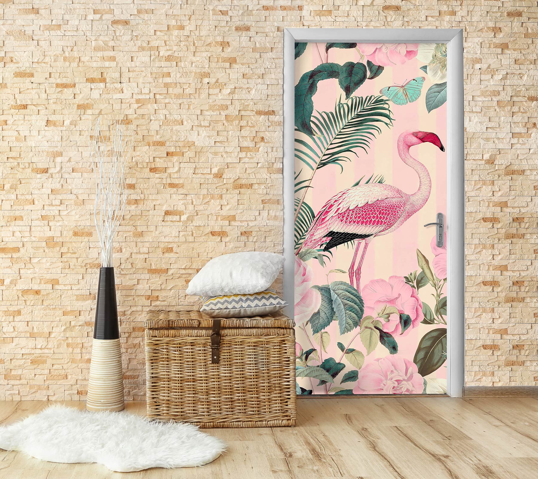3D Pink Flowers Flamingo 118119 Andrea Haase Door Mural