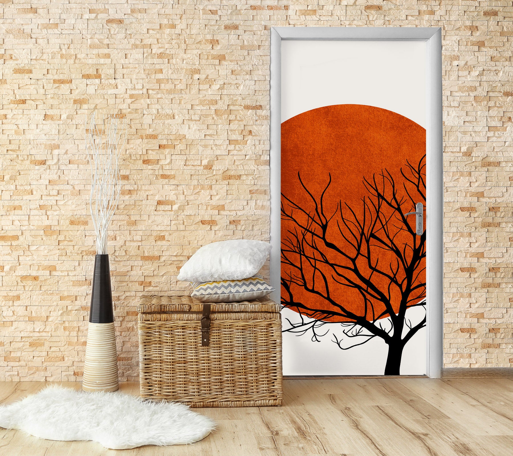 3D Red Sun Trees 10157 Boris Draschoff Door Mural