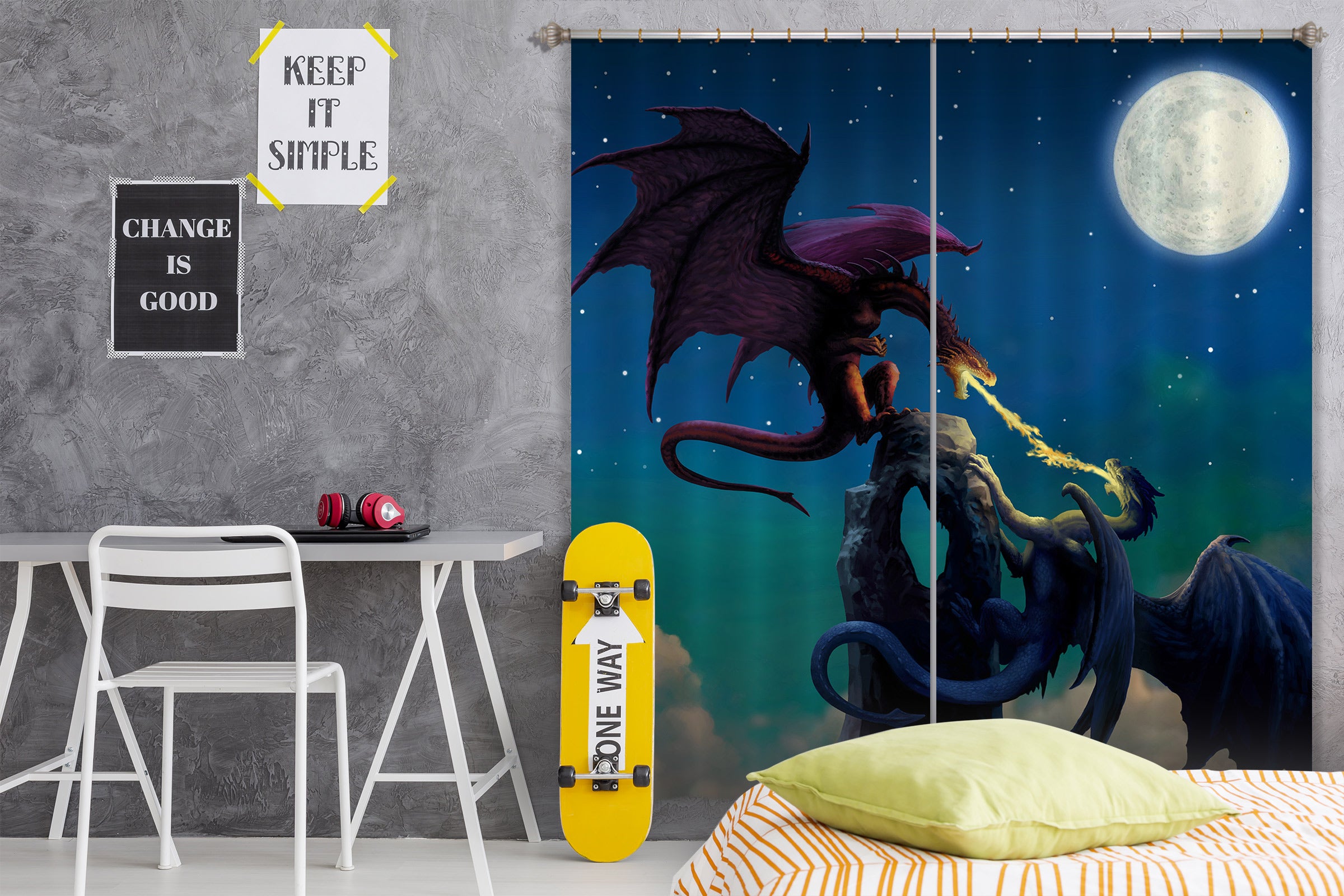 3D Night Sky Moon Dragon 8020 Ciruelo Curtain Curtains Drapes