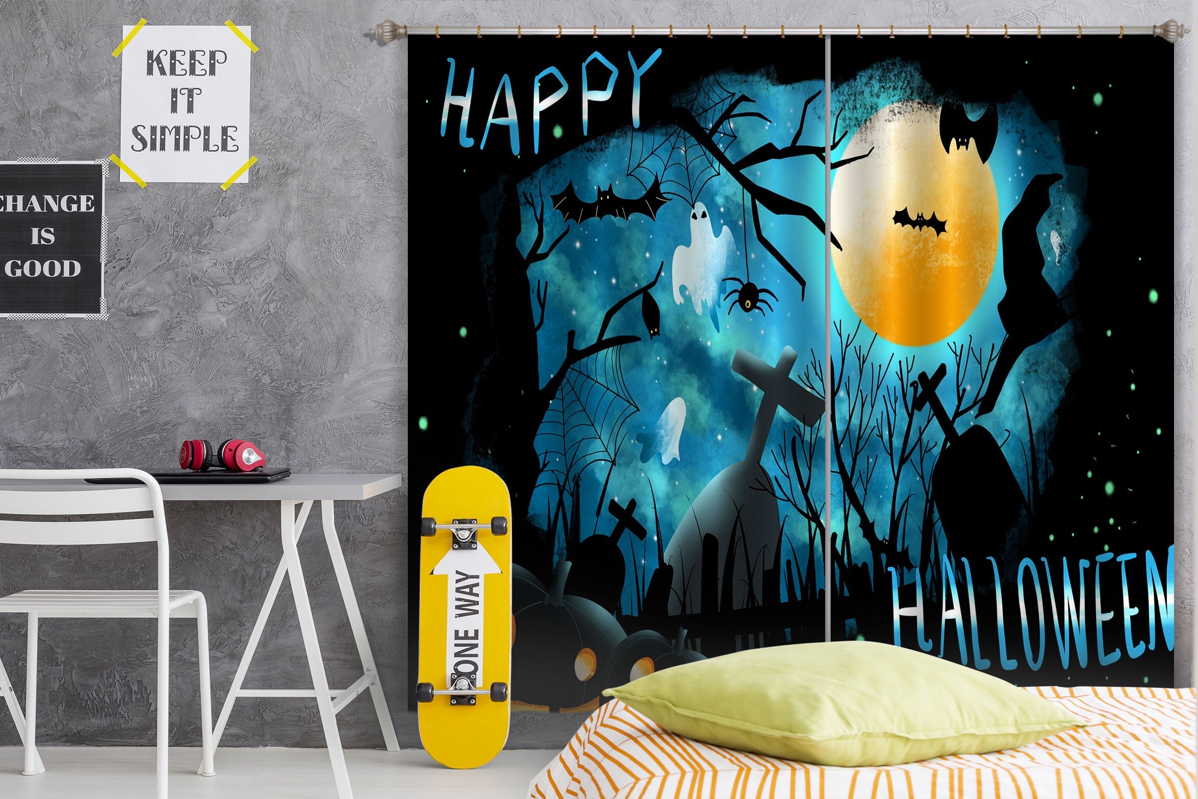 3D Moon Bat Graveyard 025 Halloween Curtains Drapes Curtains AJ Creativity Home 
