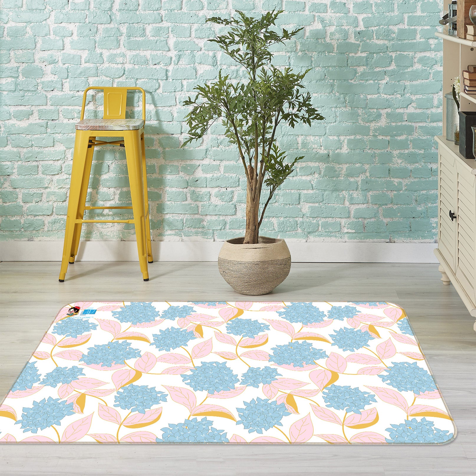 3D Blue Flowers Pink Leaves 107107 Kashmira Jayaprakash Rug Non Slip Rug Mat