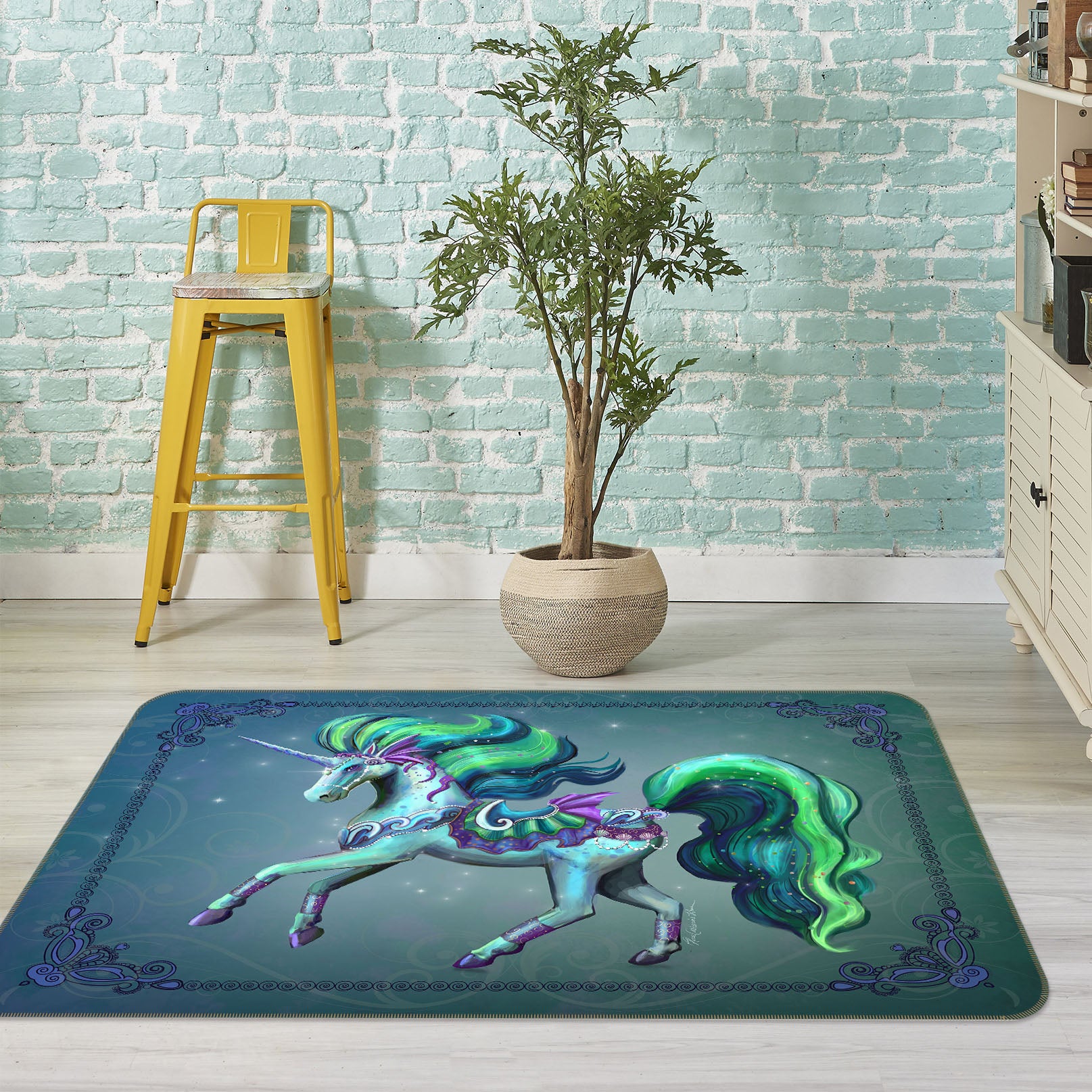 3D Green Unicorn 3015 Rose Catherine Khan Rug Non Slip Rug Mat