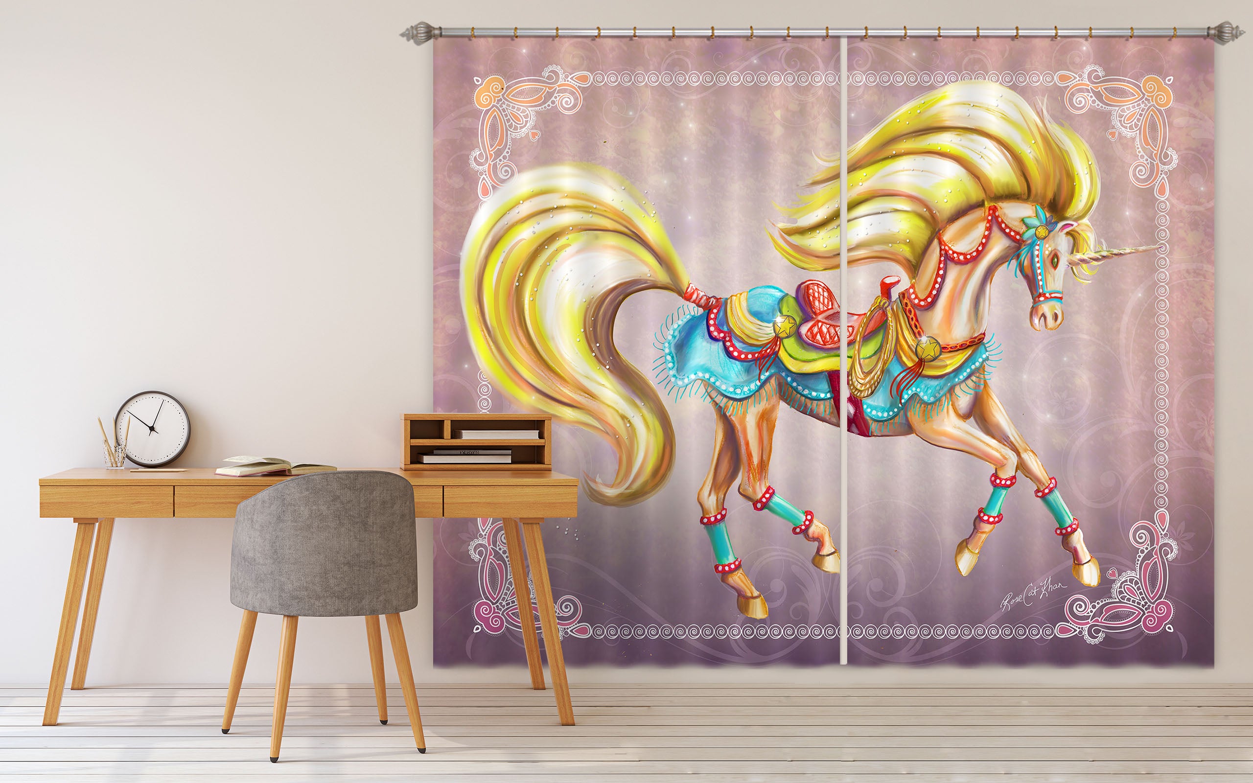 3D Golden Unicorn 131 Rose Catherine Khan Curtain Curtains Drapes